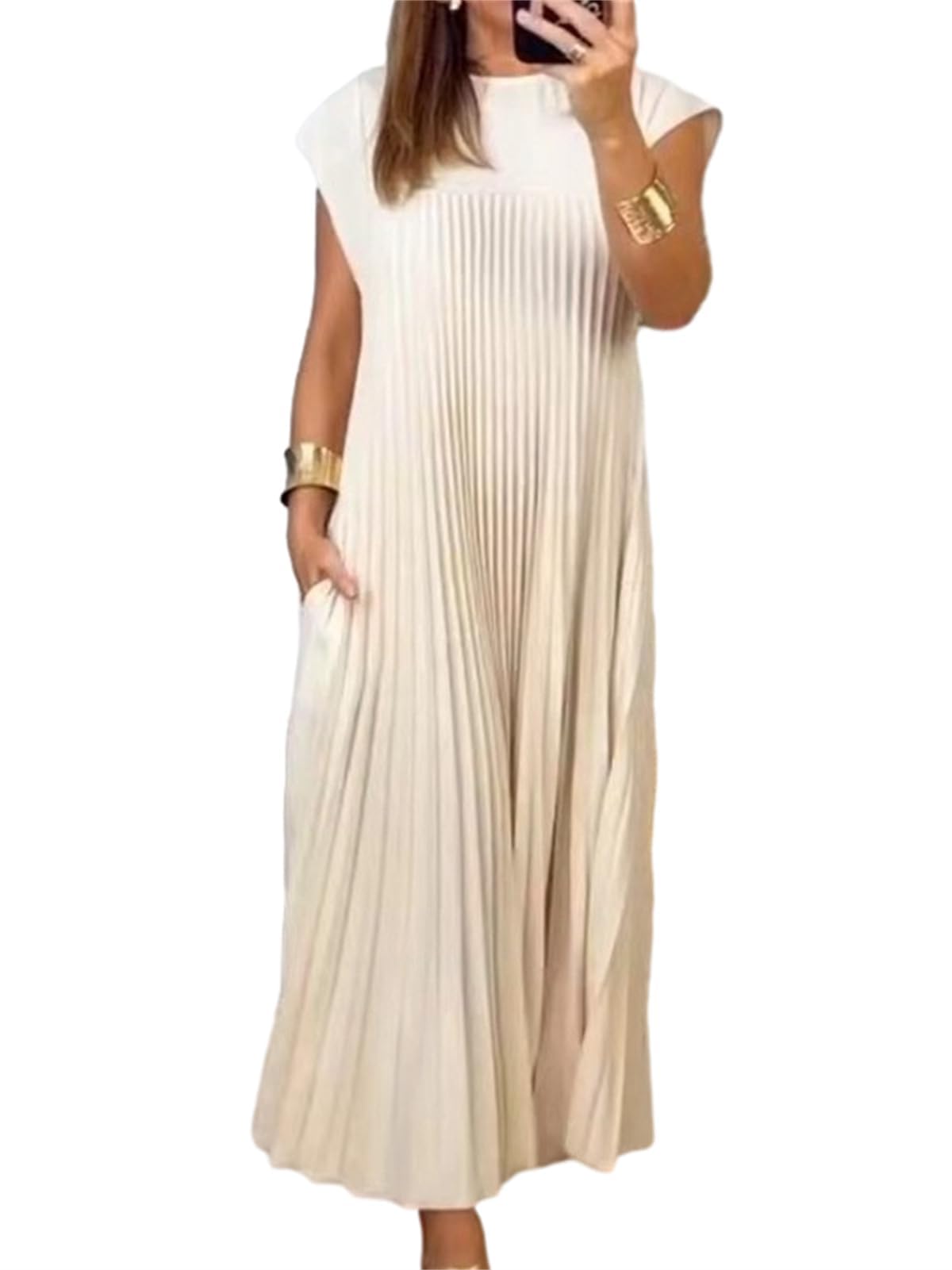 Women's Summer Short Sleeve Maxi Dress 2025 - Flowy Pleated Casual Long Dress with Pockets | Beach Cover Up, Vacation Outfit, Boho Chic Dress for Outdoor Activities