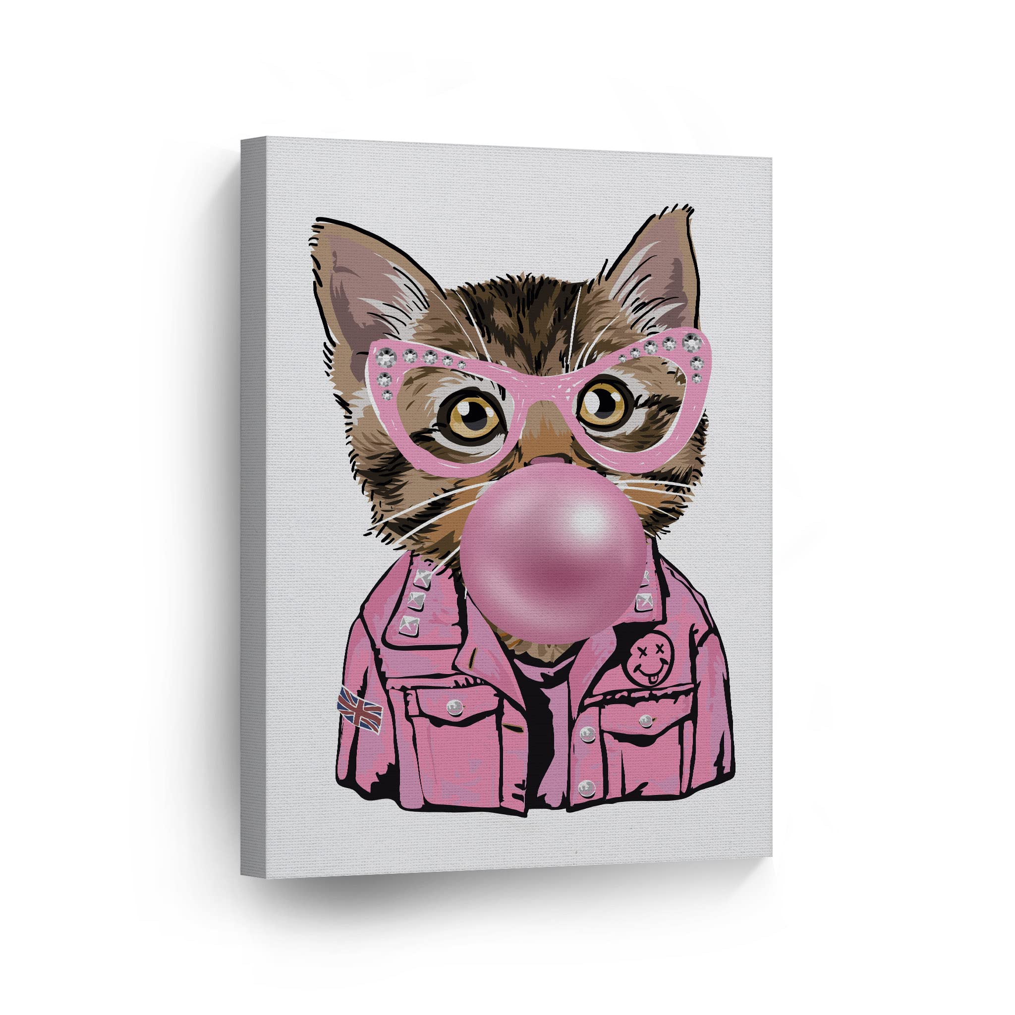 Smile Art Design Cat Portrait in Jacket & Sunglasses Chewing Bubble Gum - Canvas Wall Art Print for Pet Lovers, Pop Art Decor for Living Room, Bedroom, Nursery - Perfect Gift for Cat Owners (22x15 Inches)