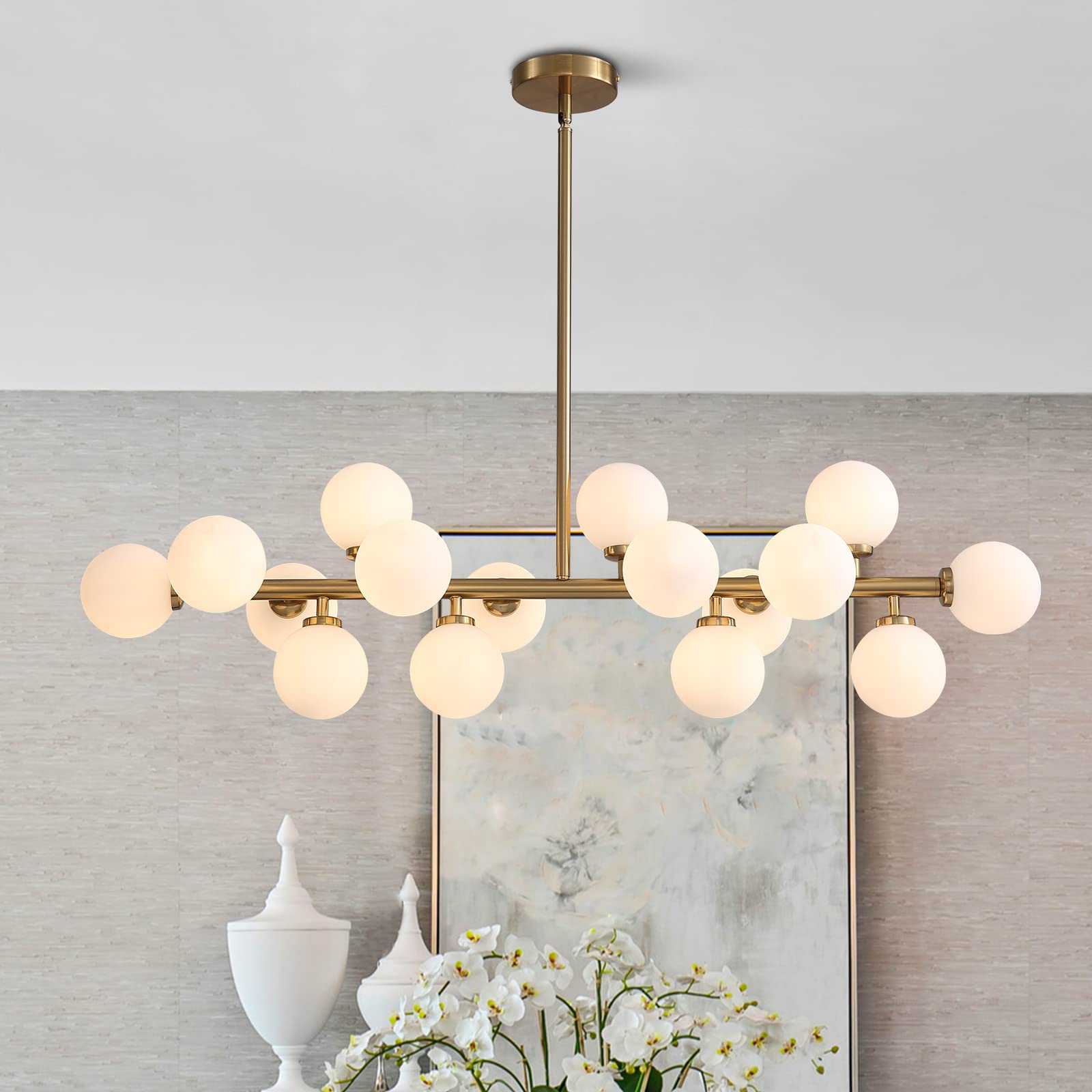 Mid Century Modern Gold Dining Room Chandelier - 16-Light Linear Pendant Lighting with White Glass Globe Shades for Kitchen Island, Dining Table & Living Room | Elegant Vintage Ceiling Light Fixture