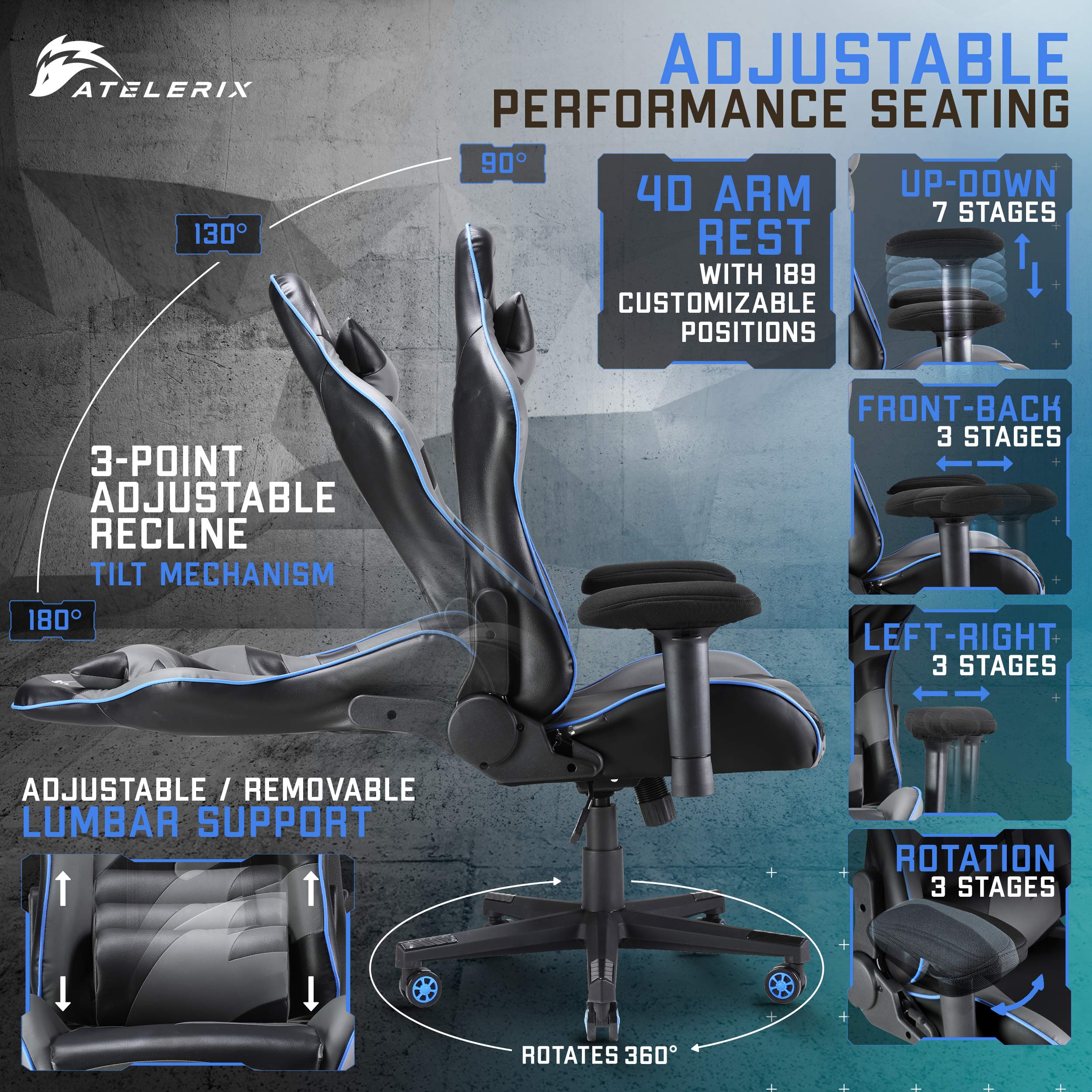 Atelerix Ventris Ergonomic Gaming Chair - Adjustable PU Leather & Fabric Office Chair with 4D Armrests, Headrest & Lumbar Support - Wide Seat for PC, Work & Home Use