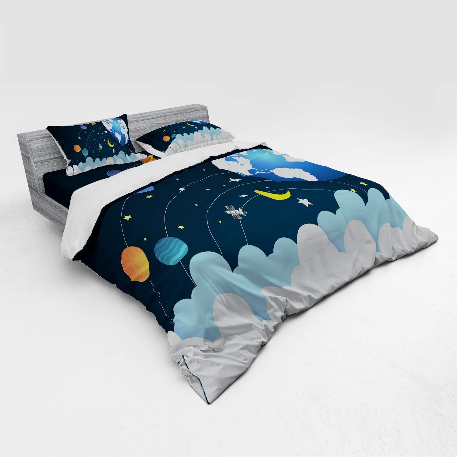Ambesonne Galaxy Themed Bedding Set - 4 Piece King Size Duvet Cover with Pillow Shams & Fitted Sheet, Dark Petrol Blue & White Space Design - Perfect for Astronomy Lovers' Bedroom Decor