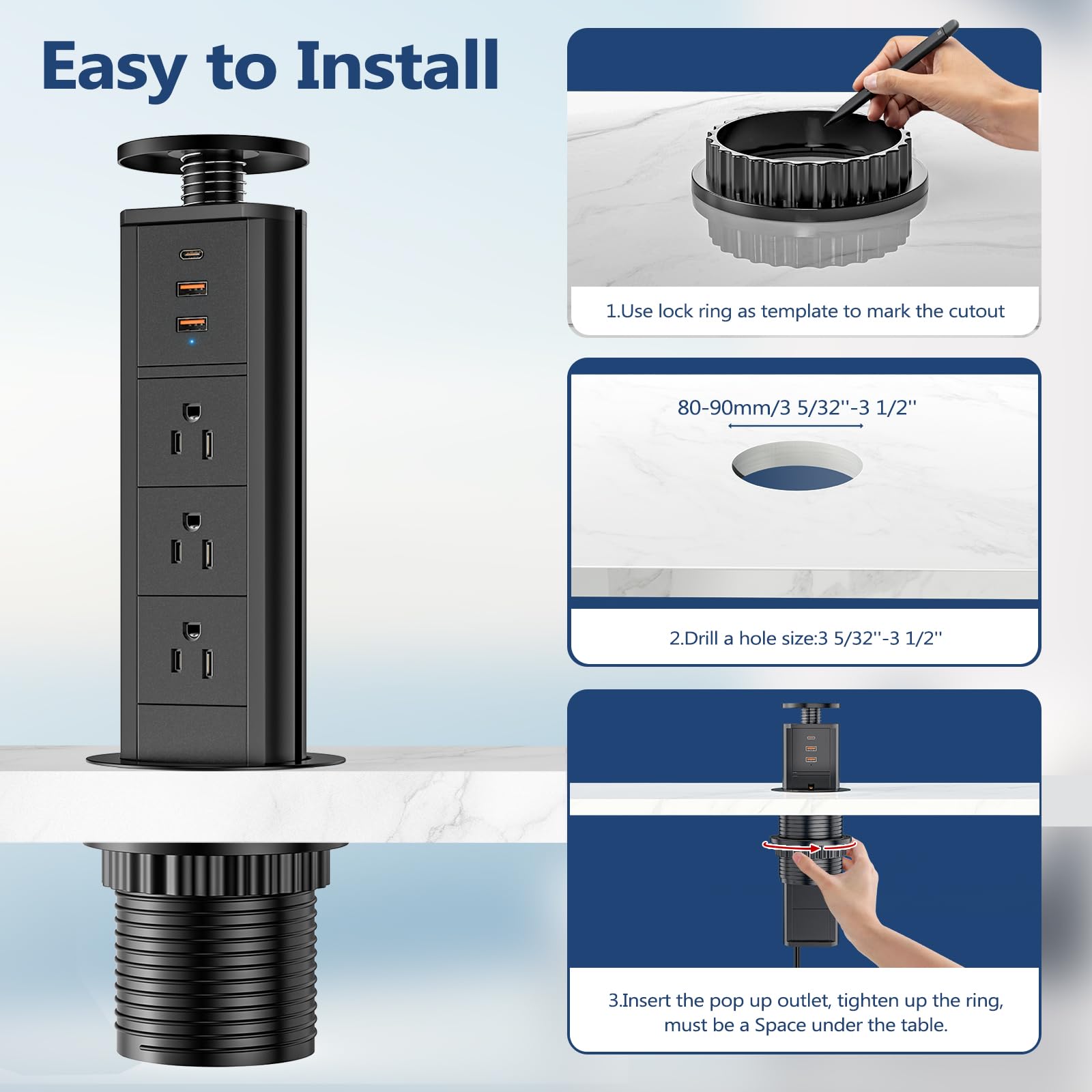 BTU Pop Up Outlet with 3 AC Outlets & 3 USB Ports (2 USB-A + 1 USB-C) - Hidden Countertop Power Outlet for Kitchen, Office & Conference Room - Space Saving Electrical Solution for Home & Workplace