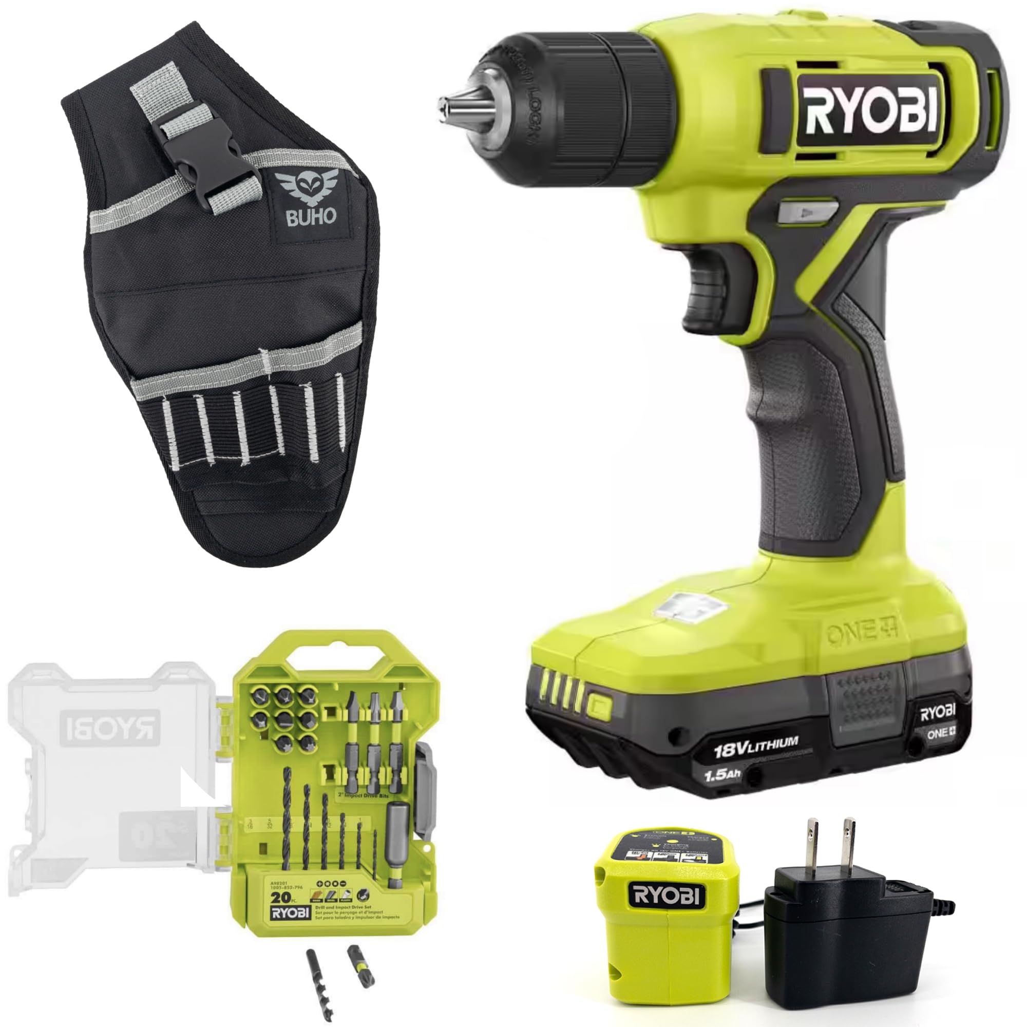 18V Cordless Drill Set with Lithium-ion Battery & Charger - 1.5Ah Power Tool Kit Includes Multipurpose Bit Set & Drill Holster - Perfect for DIY Home Projects, Woodworking, and Professional Construction Work