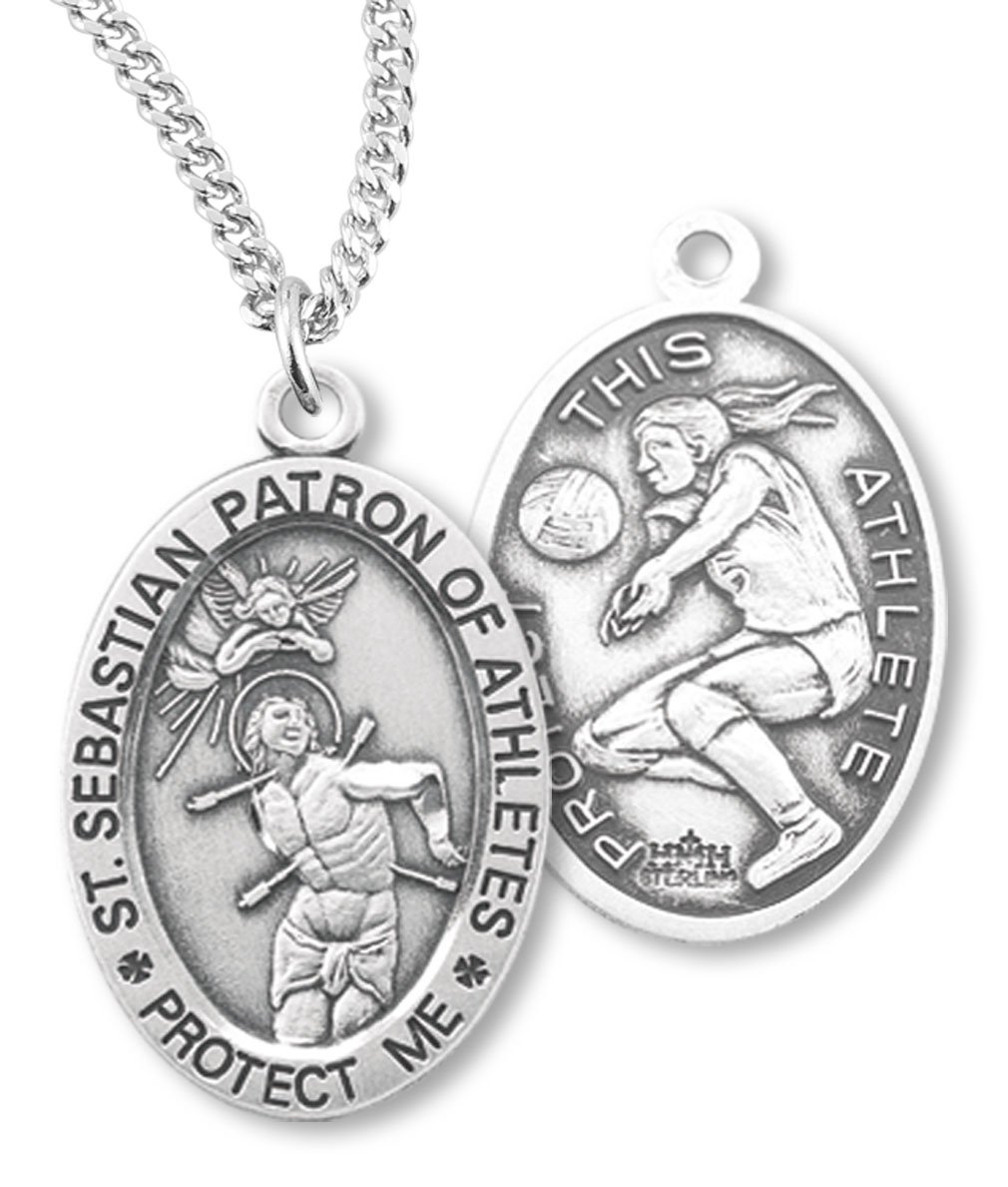 Girl's Sterling Silver Oval Double-Sided Volleyball Necklace with Saint Sebastian - Perfect Gift for Volleyball Players & Catholic Teens