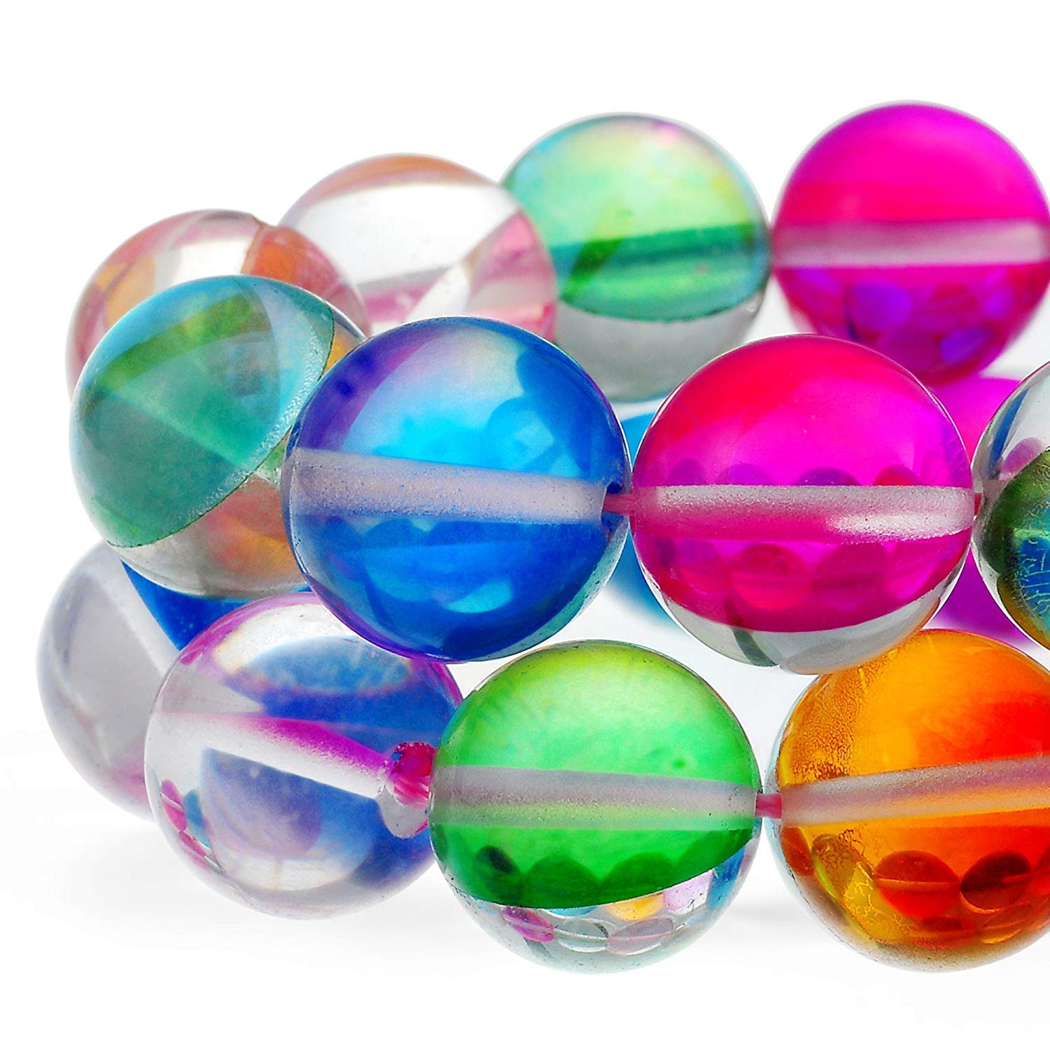 **Aura Iridescent Round Moonstone Crystal Glass Beads for Jewelry Making - 12mm Mixed Colors (1 Strand) - Perfect for Necklaces, Bracelets & DIY Craft Projects**