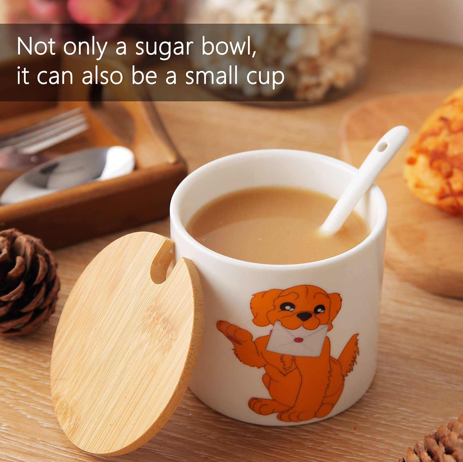 Ceramic Sugar Bowl with Wooden Lid & Stainless Steel Spoon - 9oz/266ml Dog Pattern Porcelain Sugar Container for Coffee, Tea & Baking | Perfect for Kitchen, Breakfast & Dog Lovers Gift | Home Decor & Coffee Bar Essential