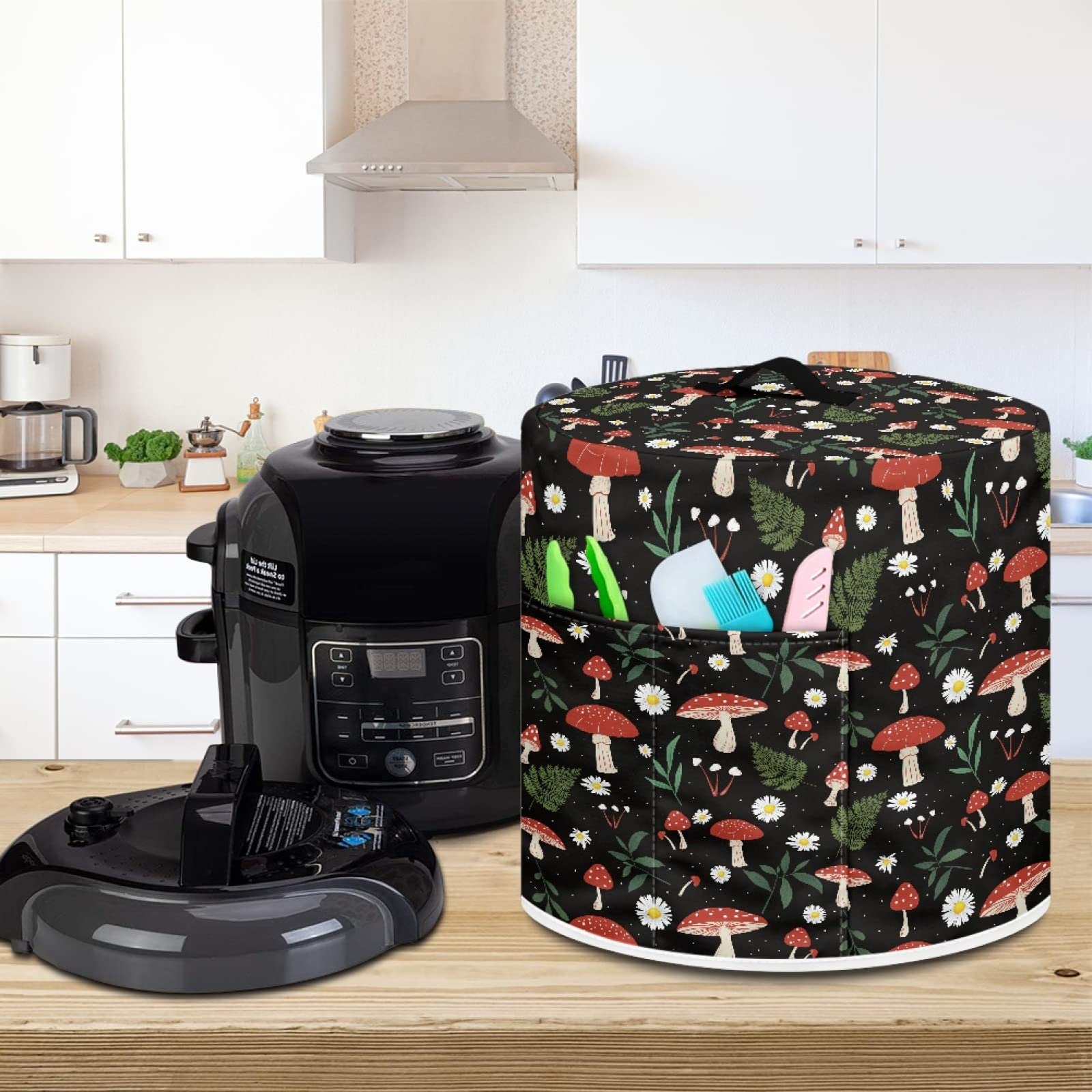 Xoenoiee 3 qt Black Mushroom Leaves Daisy Floral Print Pressure Cooker Cover - Universal Kitchen Appliance Dust Protector for Air Fryer, Rice Cooker, Stand Mixer & Steamer - Perfect for Home Cooking & Countertop Organization