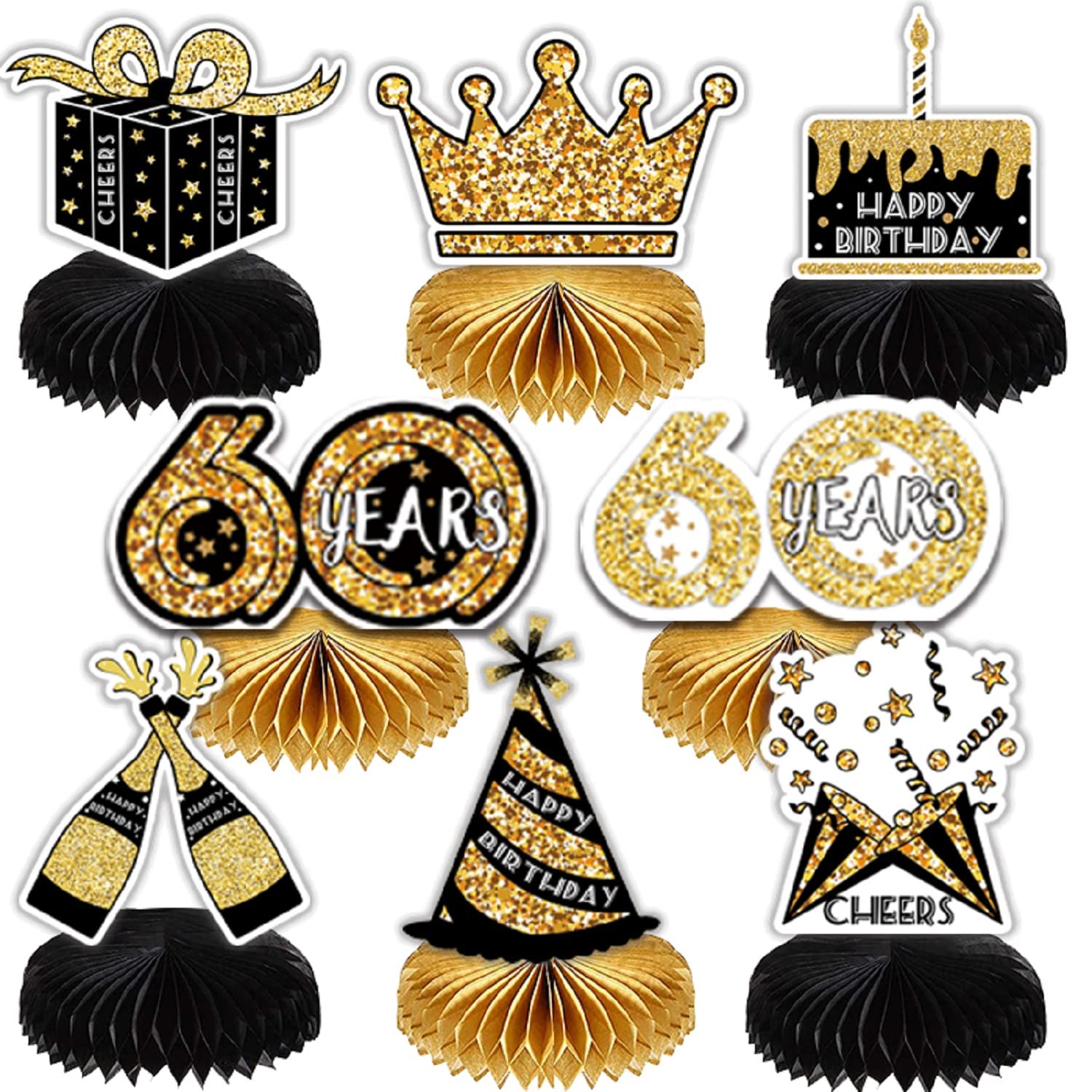 60th Birthday Decorations Set - 8pcs Honeycomb Centerpieces for Table Decor, Photo Booth Props & Party Supplies (Men & Women) - Perfect for Milestone Celebrations, Anniversaries & Retirement Parties