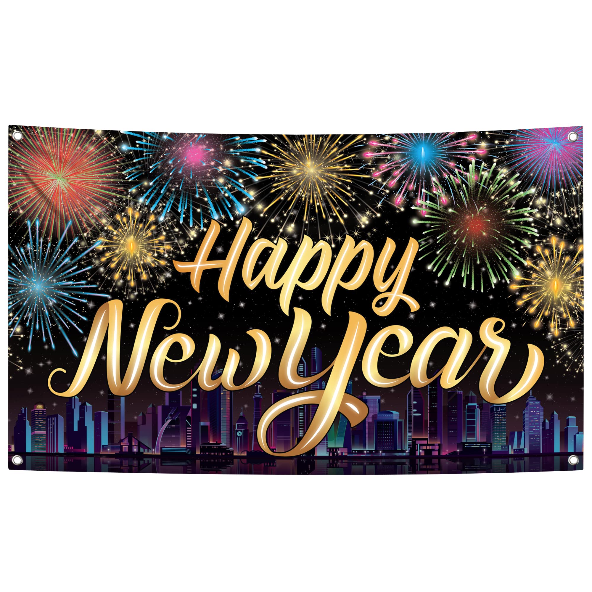 KatchOn Extra Large Happy New Year Banner - 72x44 Inch NYE Decorations 2025 | Firework New Year Backdrop for Party Supplies | Perfect for New Year's Eve Celebrations, Home Decor, and Photo Booths