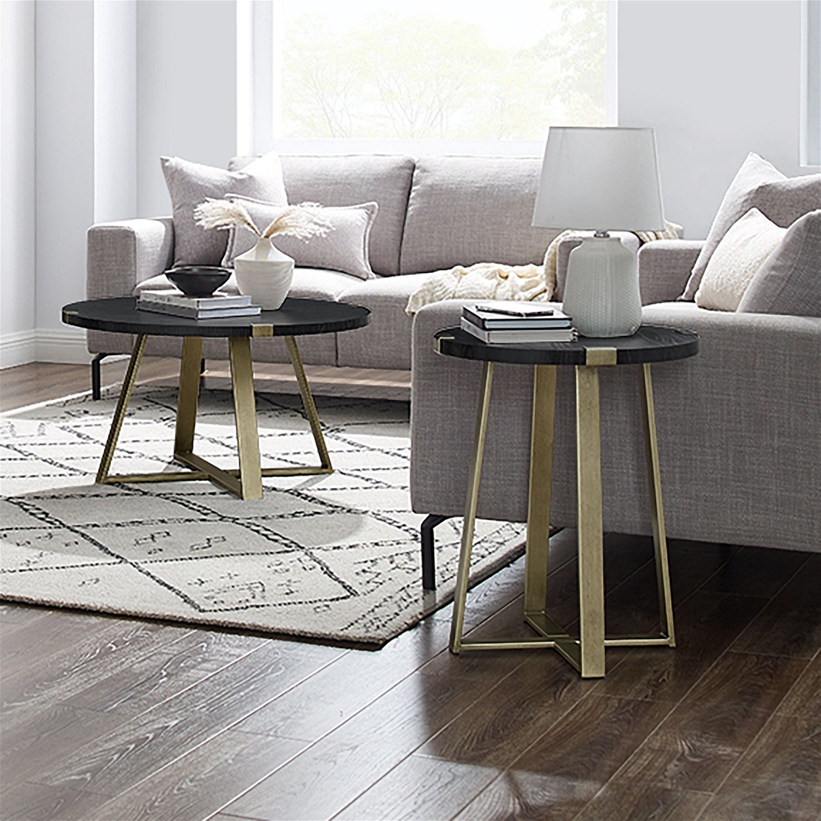 Modern Capri Round End Table - Black Oak & Gold Finish by Criterion | Stylish Side Table for Living Room, Bedroom or Office Decor
