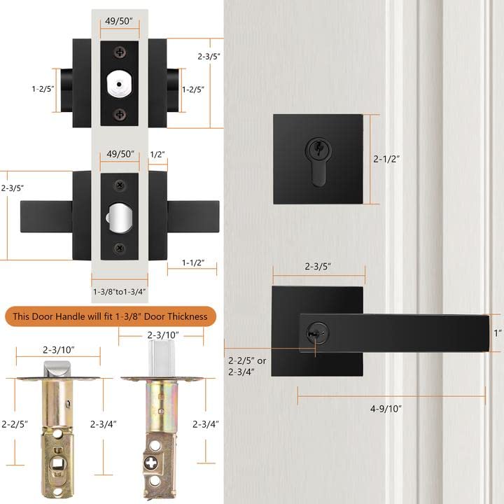 Probrico Heavy Duty Square Entry Levers & Double Cylinder Deadbolts Combo Pack - 5 Pack Keyed Alike Flat Black Door Locksets for Office, Bedroom & Front Door Security - Perfect for Home, Business & Commercial Property Protection