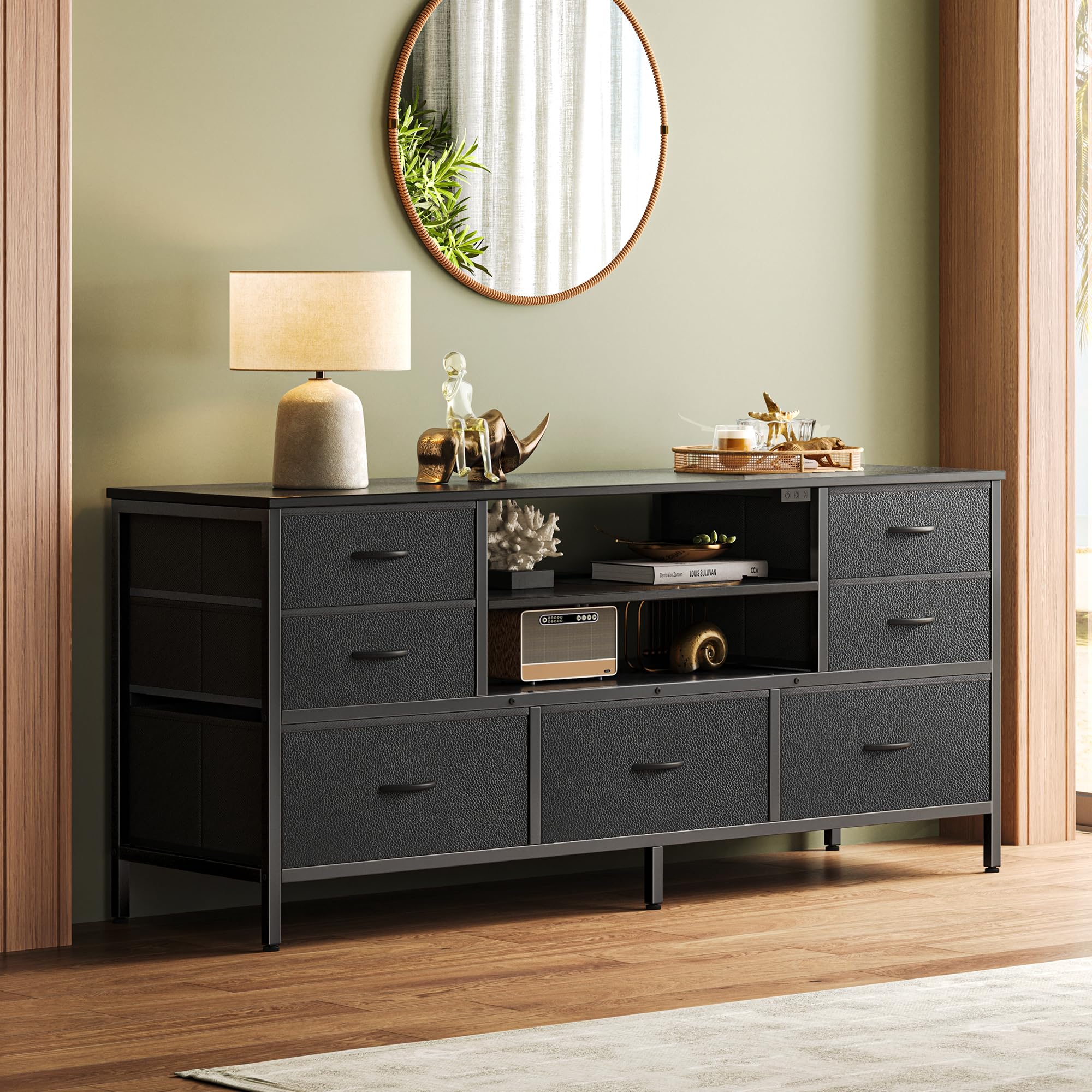 7-Drawer TV Stand Dresser with Power Outlets & LED Lights - 55 Inch TV Console for Bedroom & Living Room