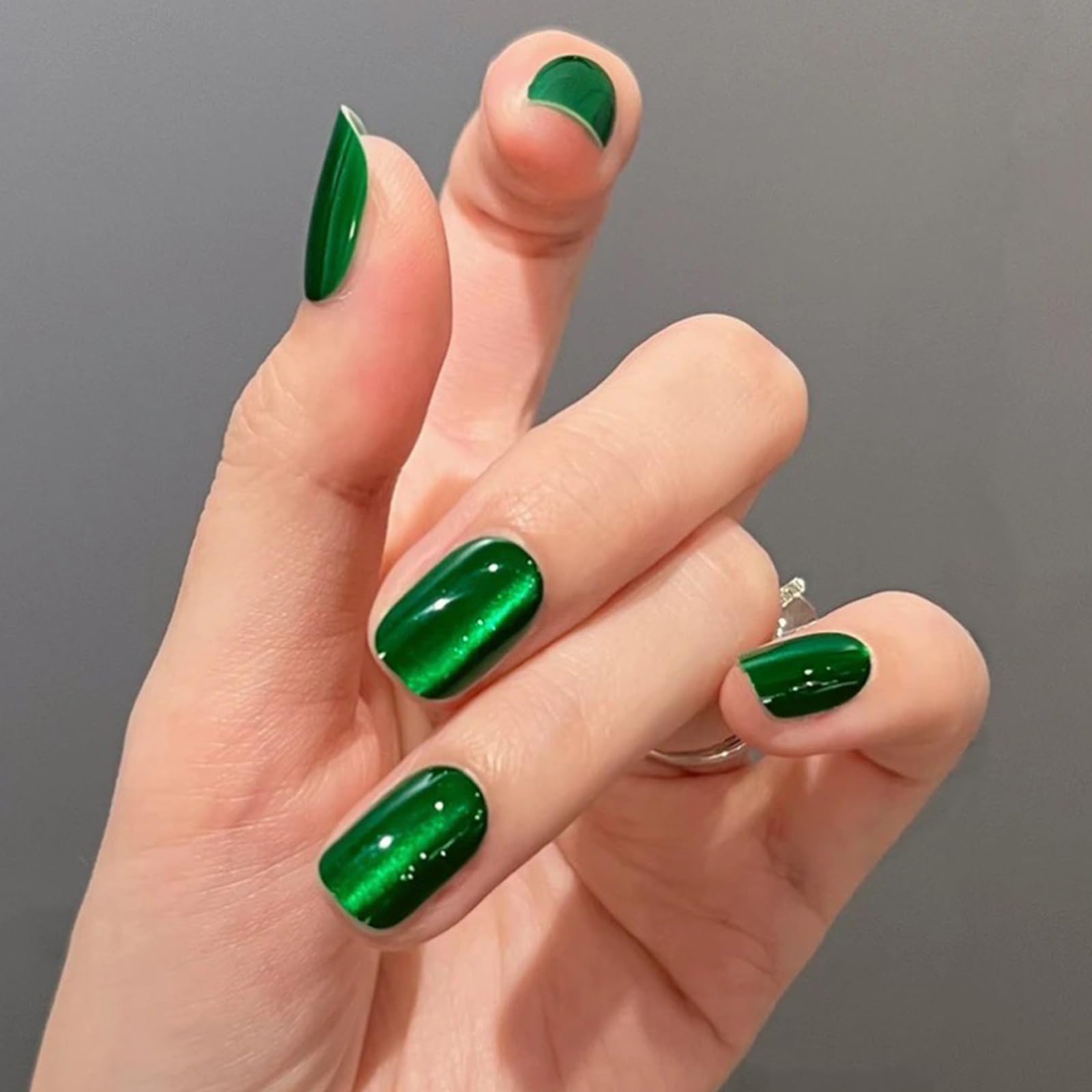 Dark Green Glitter Press on Nails Short Square - Cat Eye Jelly Nails Kit with Magnetic Glue | Reusable Glossy Acrylic Fake Nails for Women | Perfect for Parties, Weddings & Special Occasions