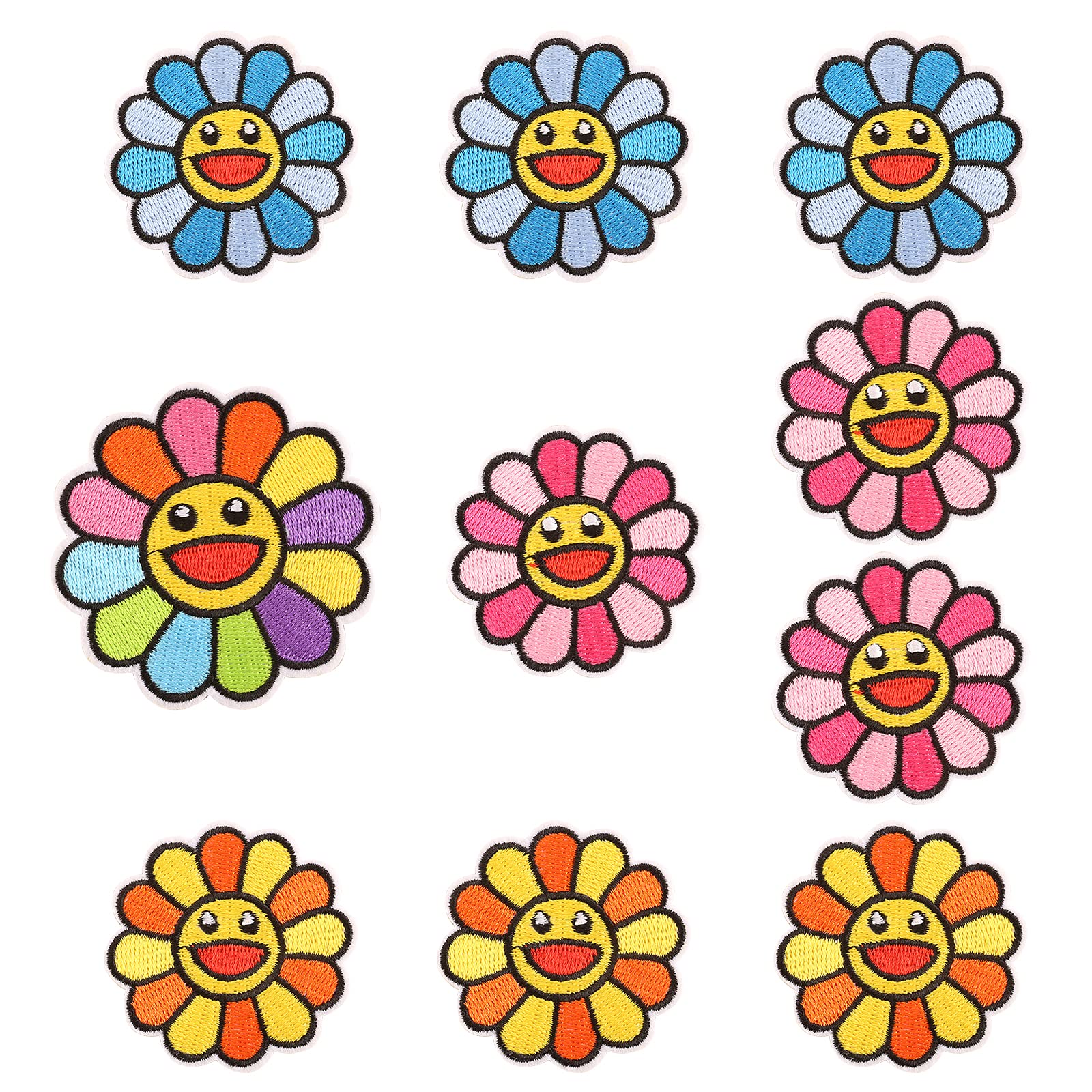 10PCS Smiley Face Embroidered Iron-On Patches - Colorful Rainbow Sunflower Flower Appliques for DIY Crafts, Jeans, Bags & Clothing - Perfect for DIY Projects, Festival Outfits & Kids' Accessories