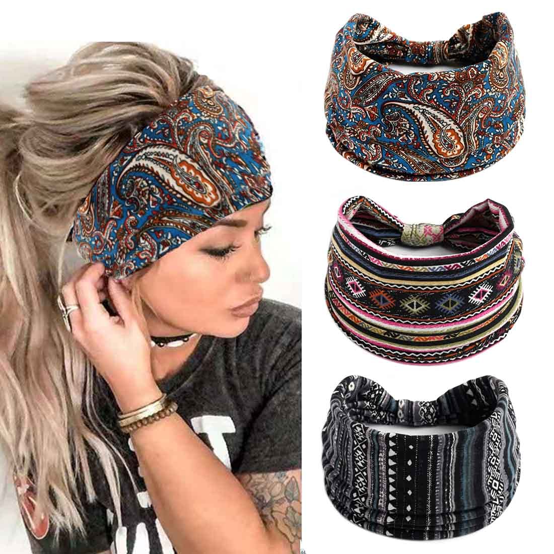 3PCS Boho Bandeau Headbands - Wide Knot Stretch Elastic Floral Printed Hairbands for Women & Girls | Yoga, Workout, Sports & Fashion Accessories | Stylish Fabric Turban Headwraps for Everyday Wear