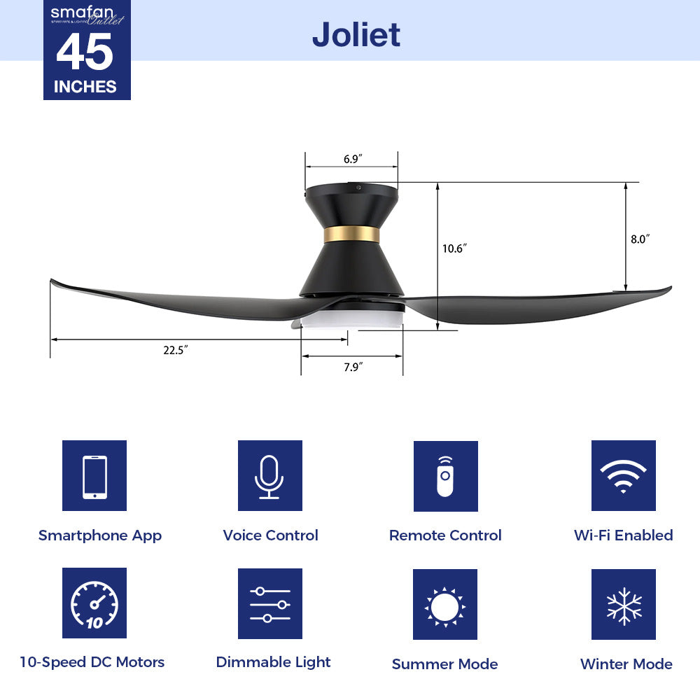 Joliet Low Profile Smart Ceiling Fan with LED Light and Remote Control - 45 Inch, Quiet DC Motor, Energy Efficient - Perfect for Bedroom, Living Room, and Office Spaces
