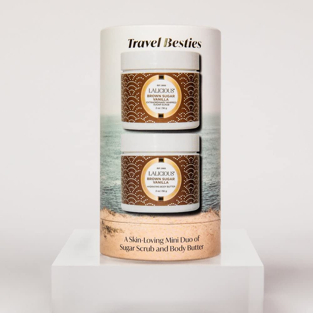 Lalicious Brown Sugar Vanilla Travel Set - 2-Piece Gift with Travel-Size Whipped Sugar Scrub & Hydrating Body Butter - Moisturizing Skincare for Dry Skin - Perfect for Gifts, Spa Days & Travel
