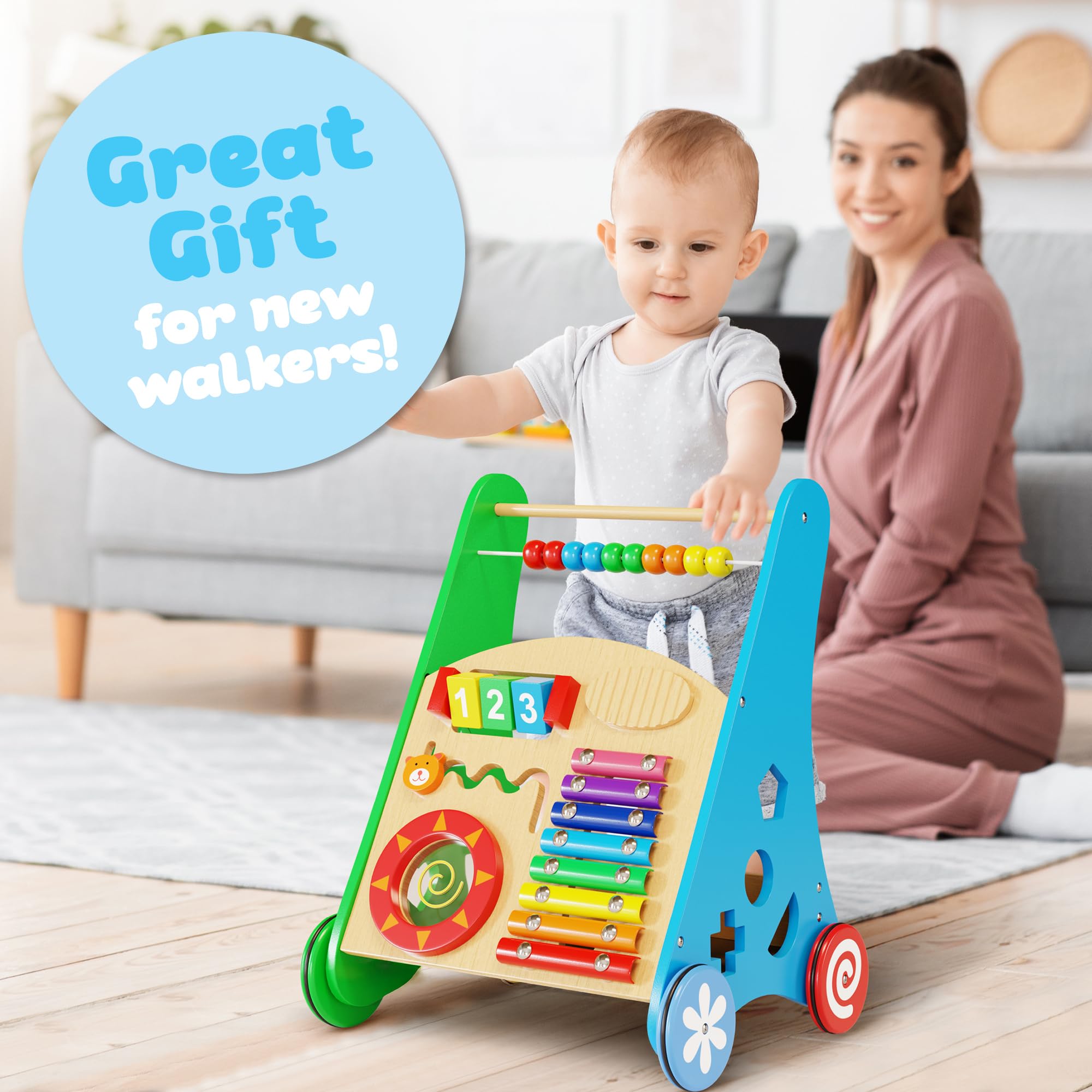 KIDDERY TOYS Wooden Baby Walker with Activity Center - Adjustable Speed Montessori Push Walker Toy for Toddler Boys & Girls - Wheels for Kids Development - Perfect for Playtime, Learning & Early Walking Support
