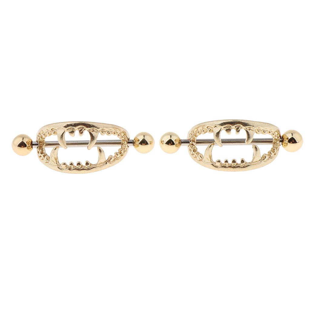 2PCS Gothic Vampire Teeth Nipple Rings - 14G Gold Nipple Bar Piercing Jewelry for Punk & Gothic Style - Perfect for Halloween, Costume Parties & Alternative Fashion
