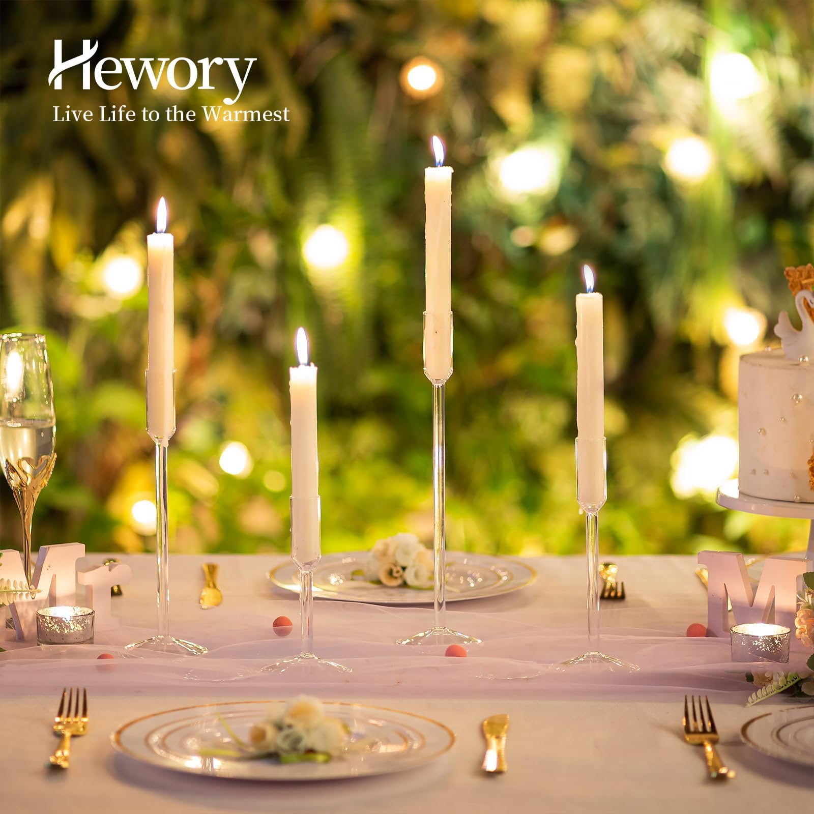 Hewory 4Pcs Clear Glass Taper Candlestick Holders - Tall Candle Holders for Dinner Table, Wedding, Christmas & Holiday Decor - Elegant Centerpiece for Home, Party & Special Occasions