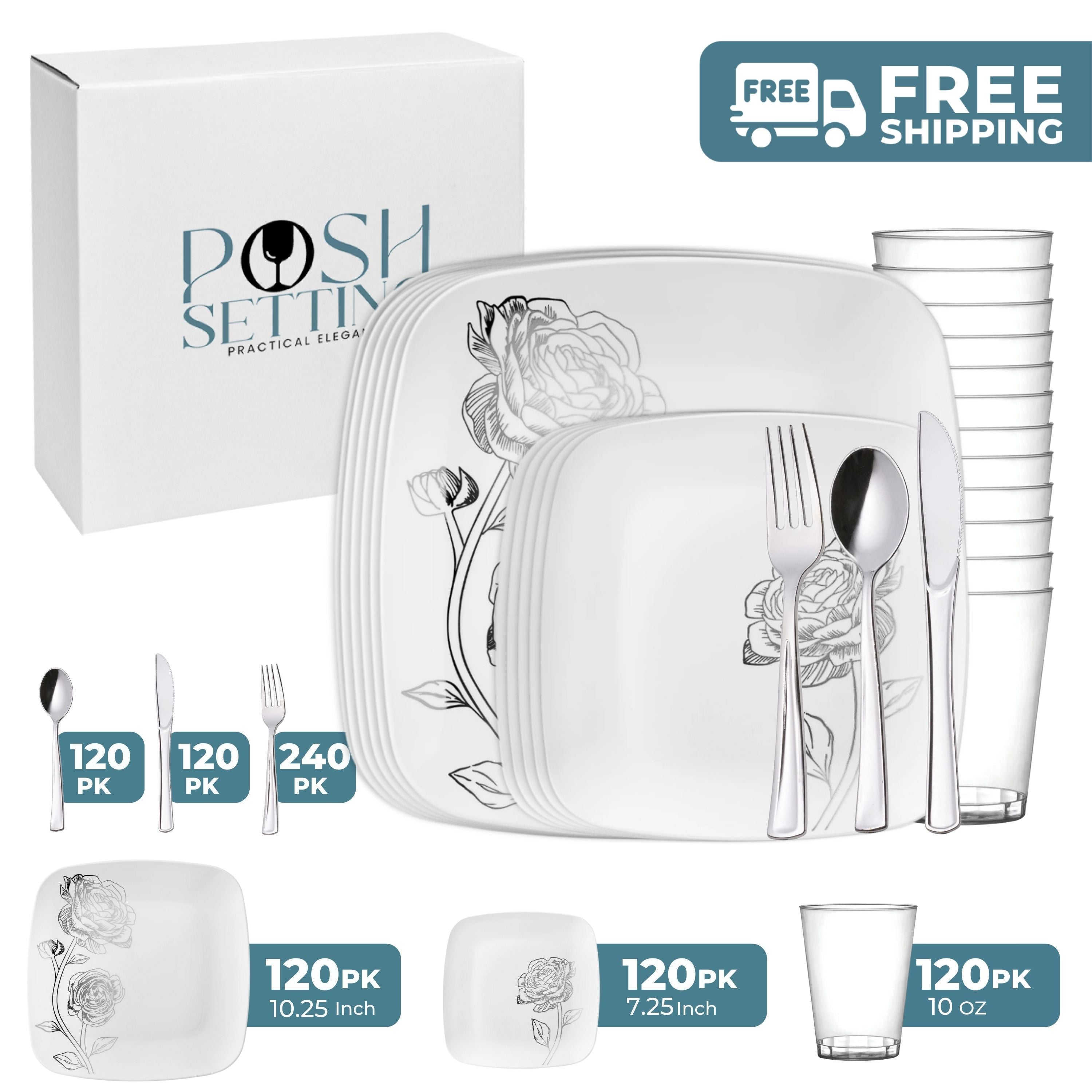 White and Silver Plastic Party Bundle with Peony Design - Elegant Tableware for Weddings, Birthdays, and Special Events