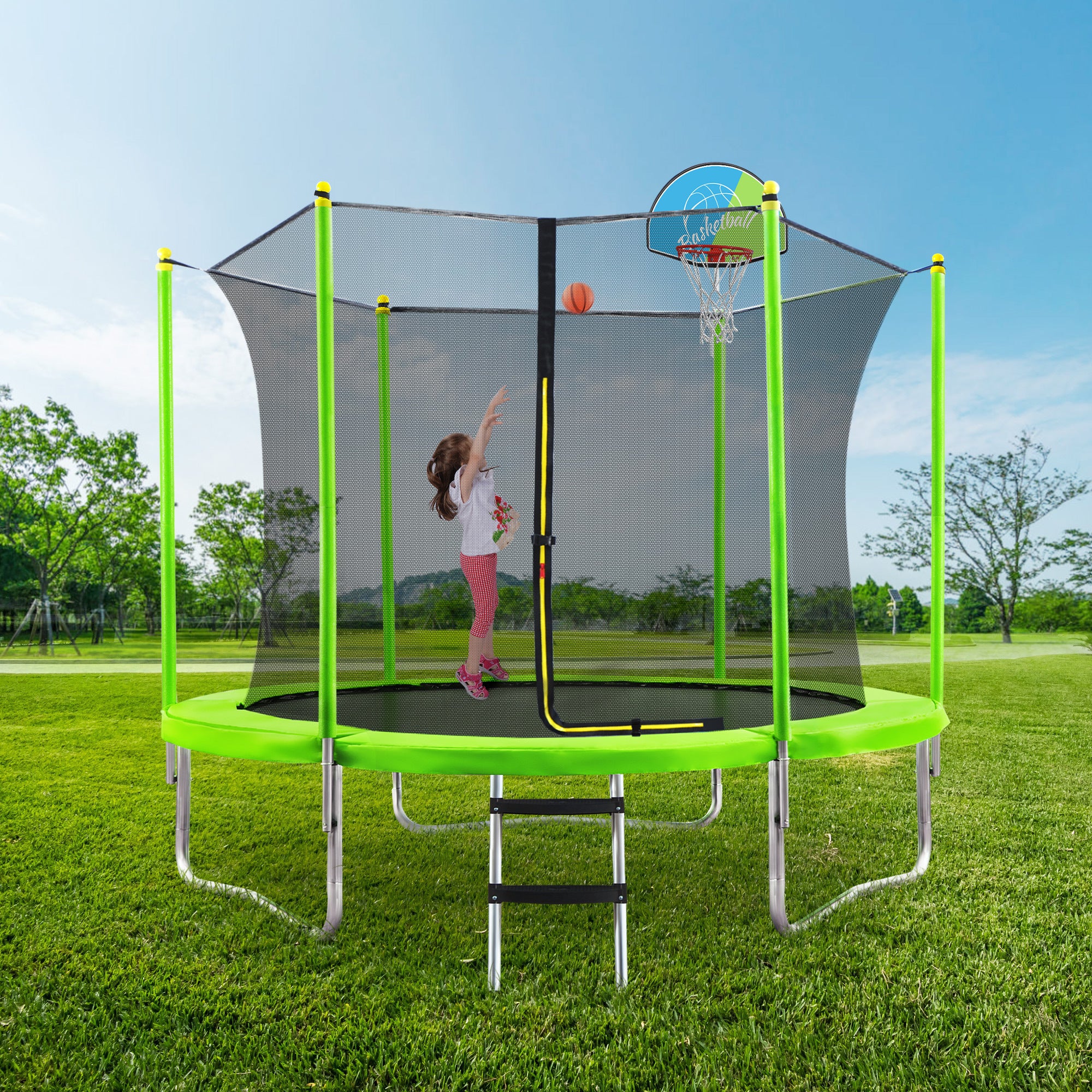 10FT Kids Trampoline with Safety Enclosure Net, Basketball Hoop & Ladder - Easy Assembly Outdoor Round Bouncer for Backyard, Garden & Playground Fun