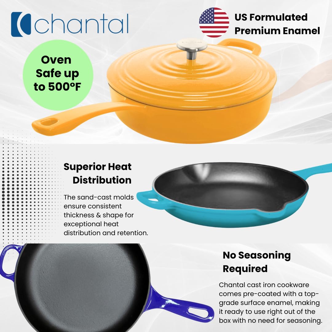 Premium Chantal Enameled Cast Iron Cookware 5-Piece Set - Durable Sea Blue Dutch Oven & Skillet for Baking, Roasting & Serving - Perfect for Kitchen, Camping & Gift Giving