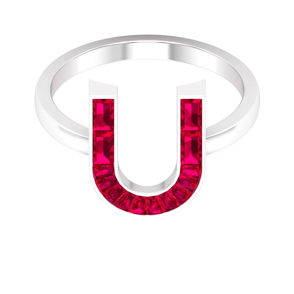 A-Z Alphabet Initial Rings - 14K White Gold Lab Created Ruby Letter Rings with Baguette & Channel Setting | Perfect for Personalized Gifts, Birthdays, Anniversaries & Everyday Jewelry