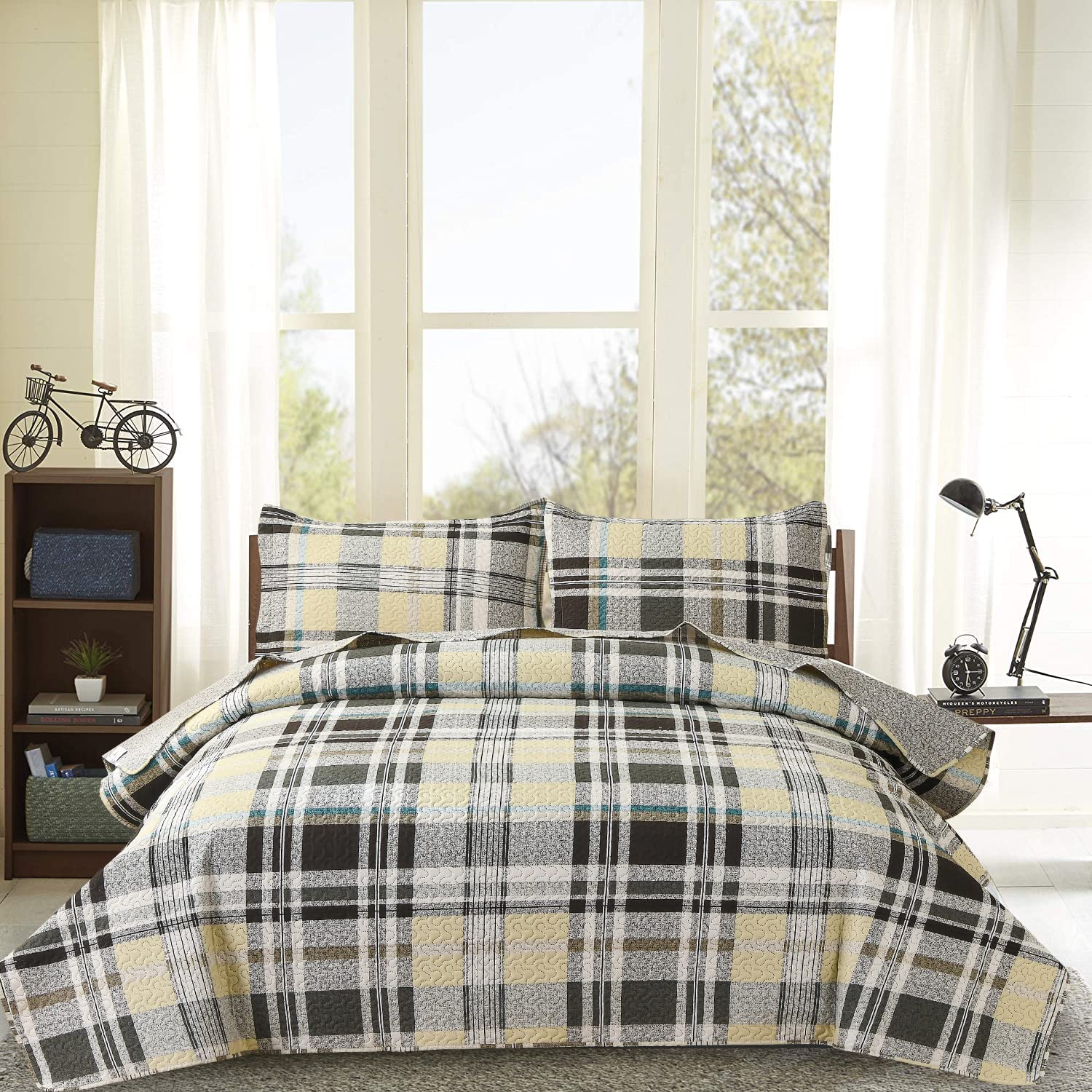 **Queen Size Reversible Quilt Set – Soft Lightweight Plaid Patchwork Bedspread in Yellow, Grey & Brown – Cozy Coverlet for Men’s Home Bedding | Perfect for Guest Rooms, Dorms & Seasonal Decor**
