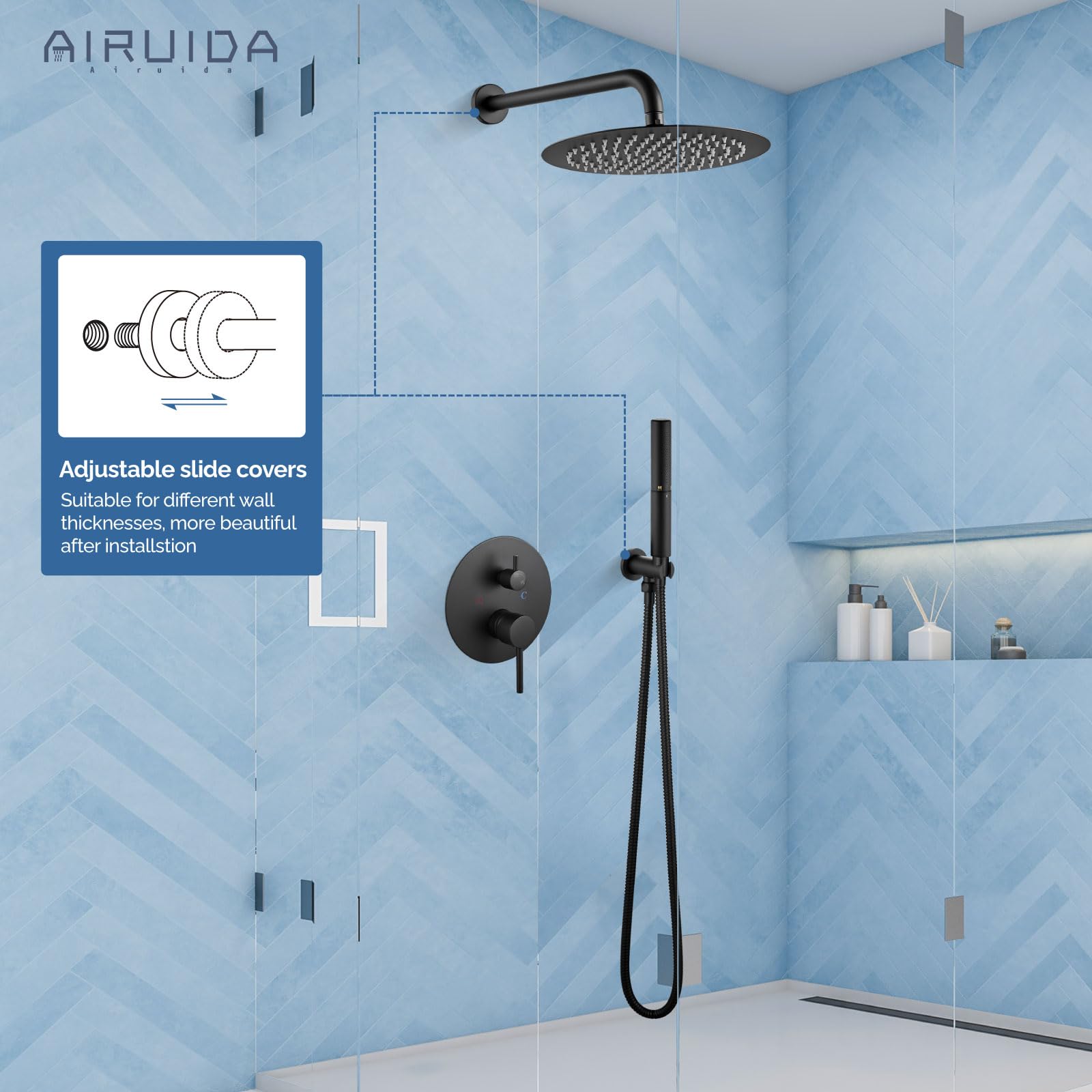 Airuida 2-Function Wall Mounted Shower Faucet Set - High Pressure Brass Handheld Shower with Rough-in Valve & 12 Inch Rainfall Shower Head in Matte Black - Perfect for Modern Bathroom Renovation & Spa-Like Shower Experience