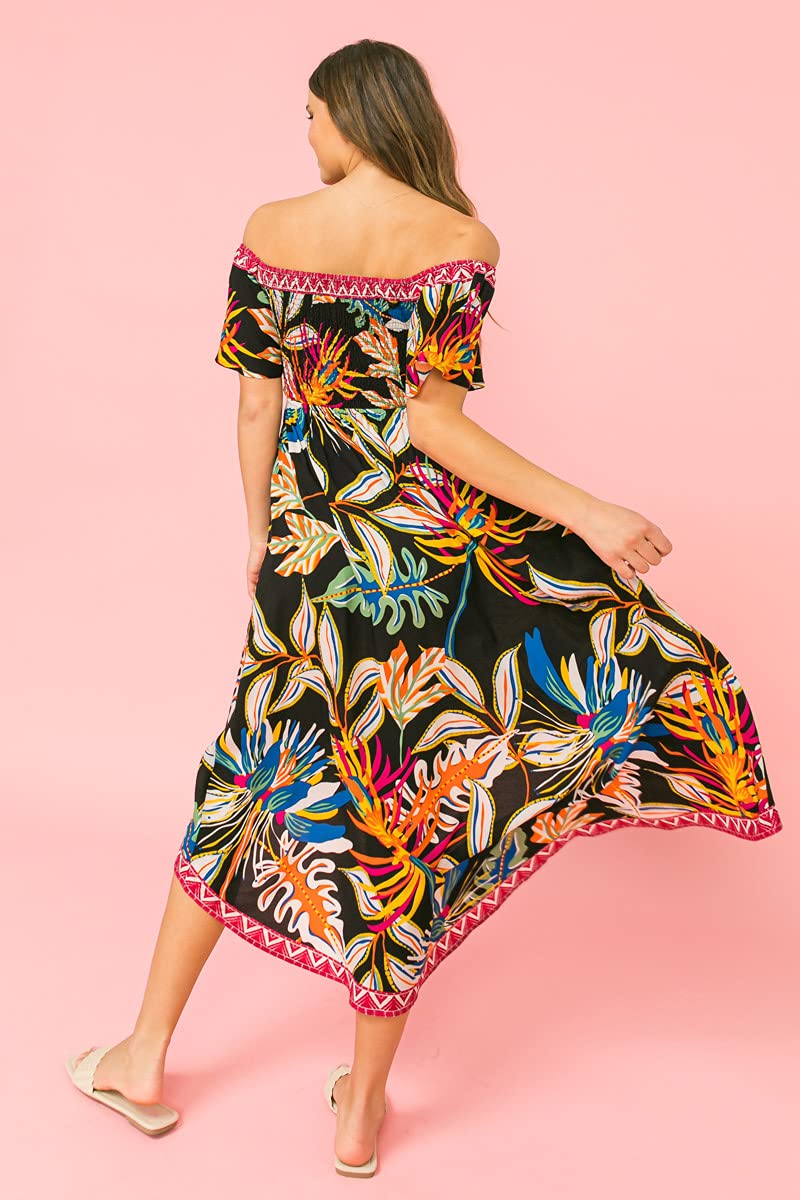 Bohemian Off Shoulder Maxi Dress - Hi Low Hem Tropical Floral Smocked Summer Dress for Beach Vacation, Music Festival & Boho Chic Outfits
