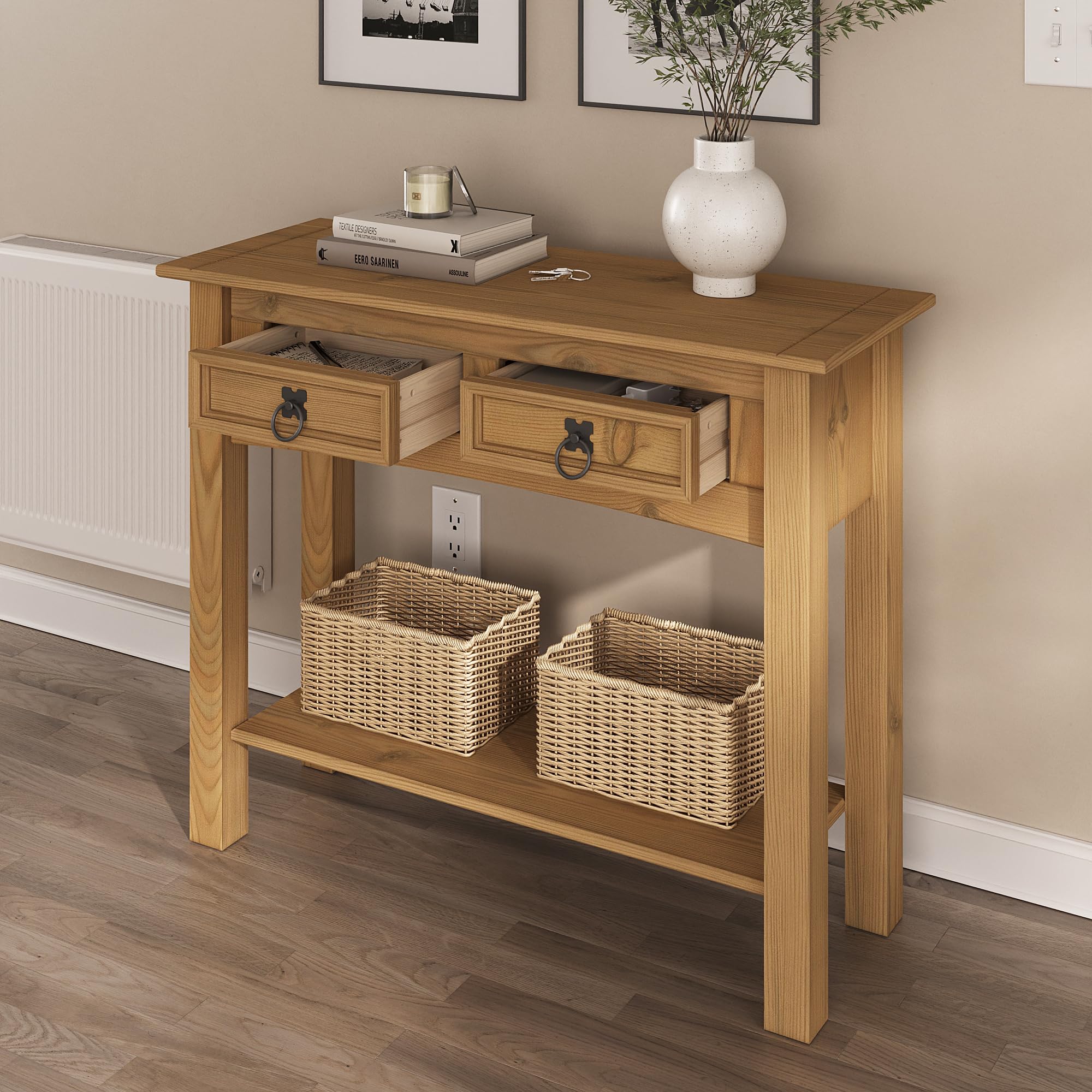 Solid Wood Console Table with 2 Drawers & Shelf - Farmhouse Entryway, Living Room, Bedroom