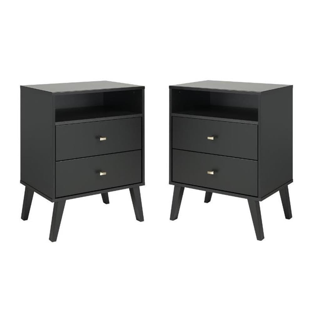 Mid Century Modern Nightstand Set of 2 - Black 2-Drawer Tall Bedside Tables for Bedroom Furniture | Home Square Nightstands for Small Spaces & Guest Rooms