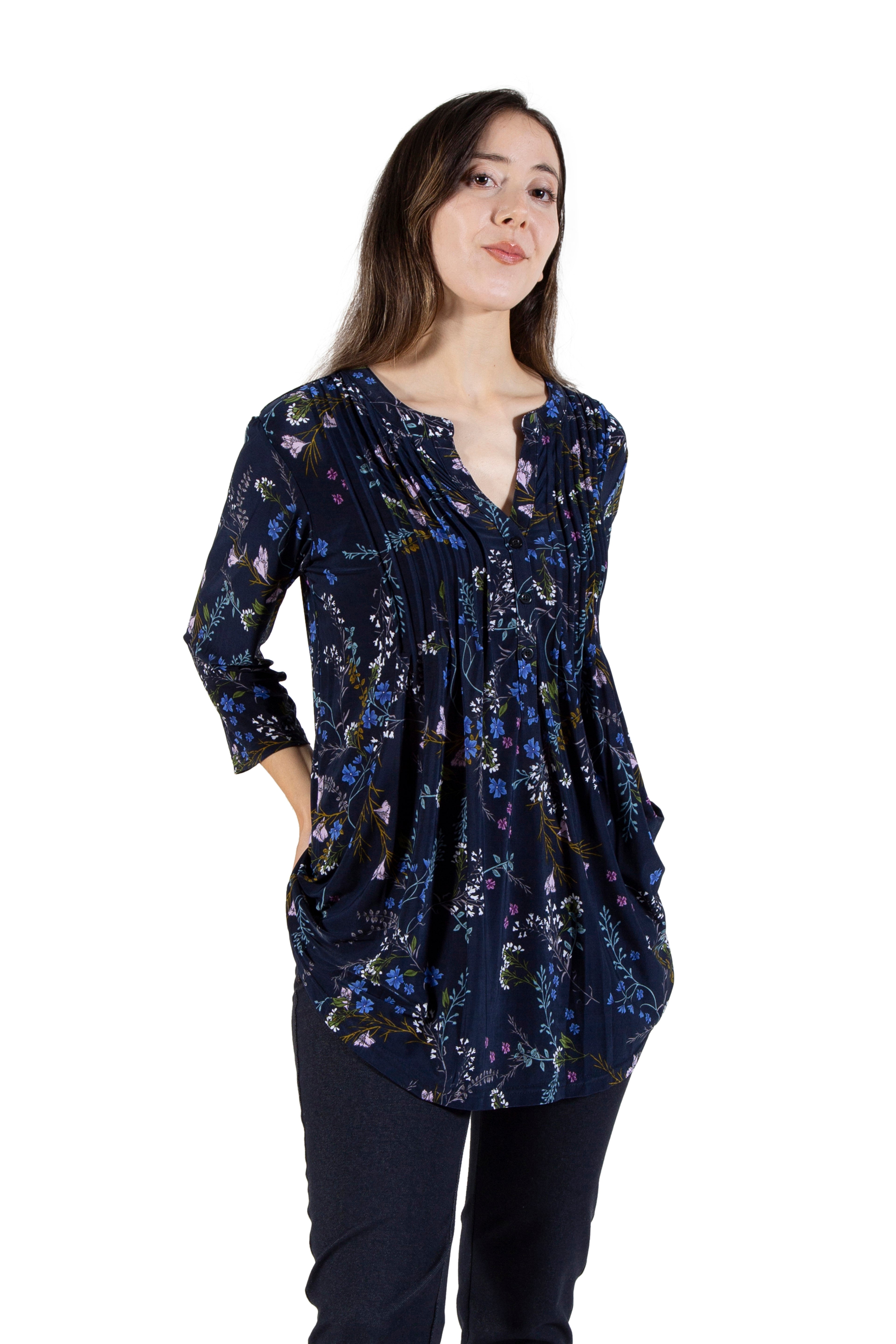 La Cera Women's Pleated Floral Print Tunic Top - Casual Summer Blouse with Ruffle Sleeves for Beach, Vacation & Everyday Wear