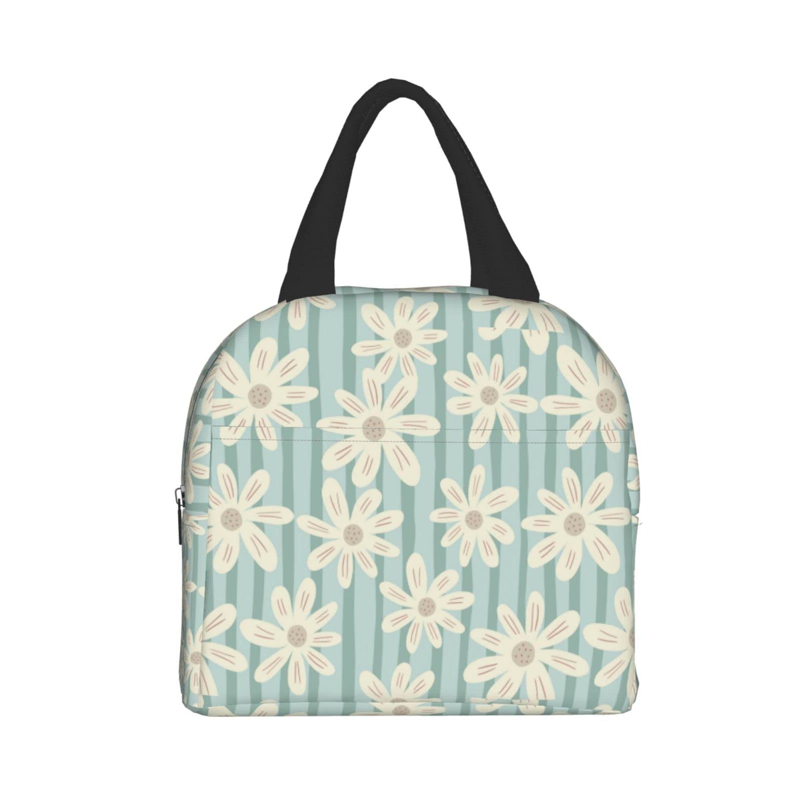 Insulated Lunch Box with Daisy Flower Stripe Design - Reusable & Portable Meal Container for Men & Women - Perfect for Work, Travel, Picnic & Outdoor Activities