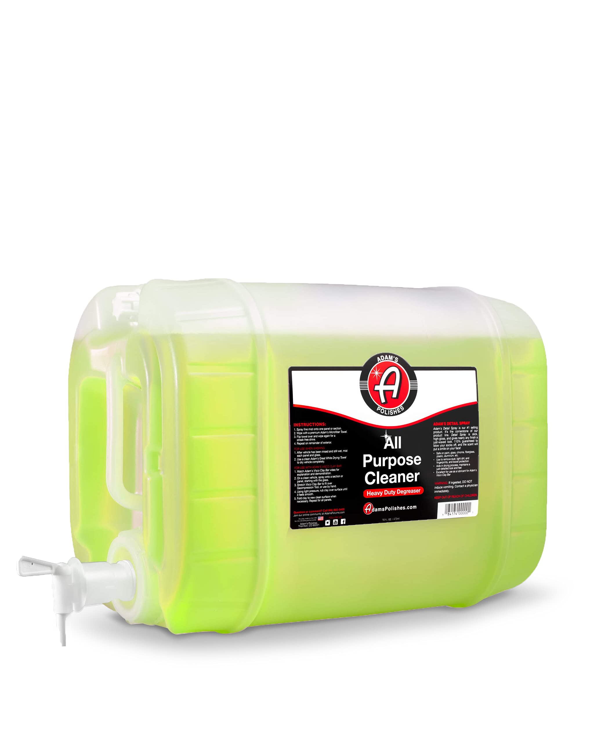 Adam's Polishes Heavy Duty All Purpose Cleaner & Degreaser - 5 Gallon Professional Strength Formula for Tires, Engine Bay, Garage Floors | Cuts Grease, Oil & Tar | Ideal for Auto Detailing, Industrial Cleaning & Workshop Maintenance