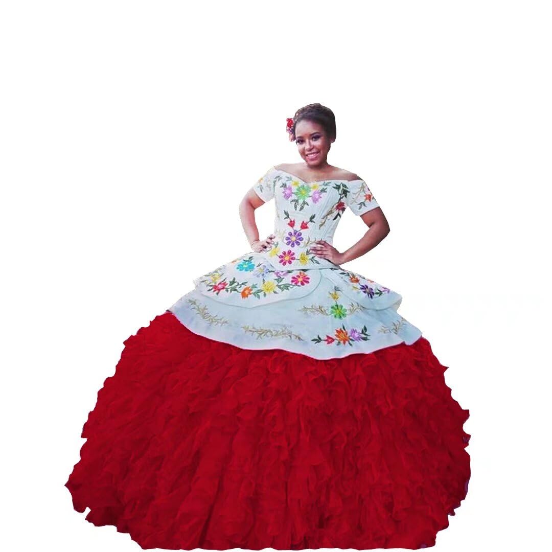 Elegant Mexican Embroidered Quinceañera Dress | Off-Shoulder Organza Ball Gown with Ruffles | Sweet 15 Celebration Dress 2025 | Perfect for Quinceañeras, Debut Balls & Special Occasions