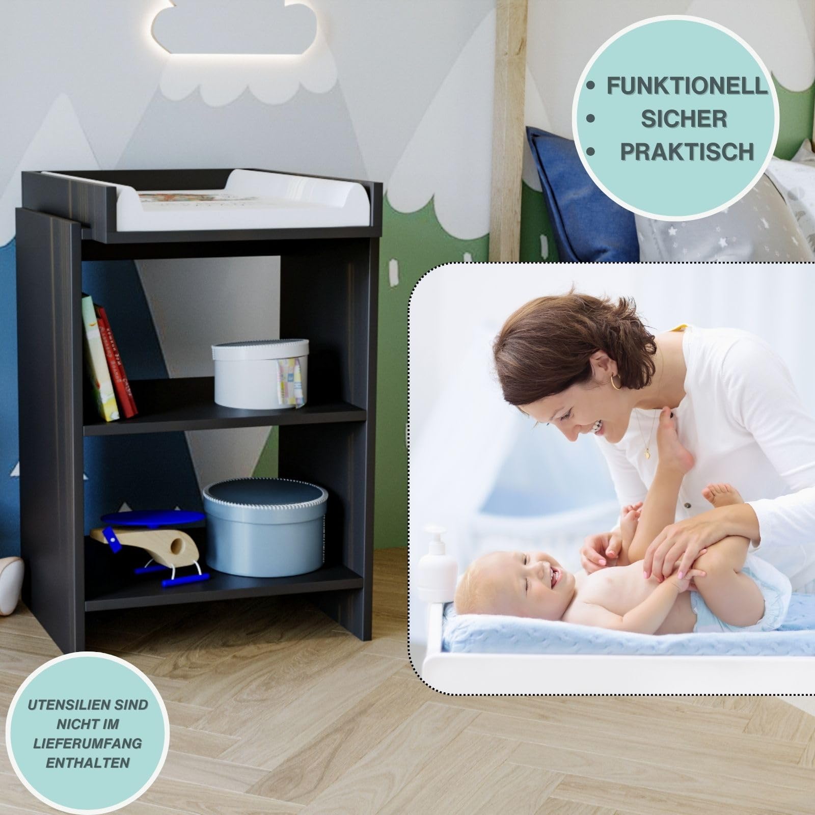 CraftPAK Changing Table Dresser with Removable Changing Topper - Baby Changing Table Set with Changing Pad and Storage Shelves - Black Nursery Dresser with 2 Shelves - Perfect for Baby Rooms and Daycare Centers