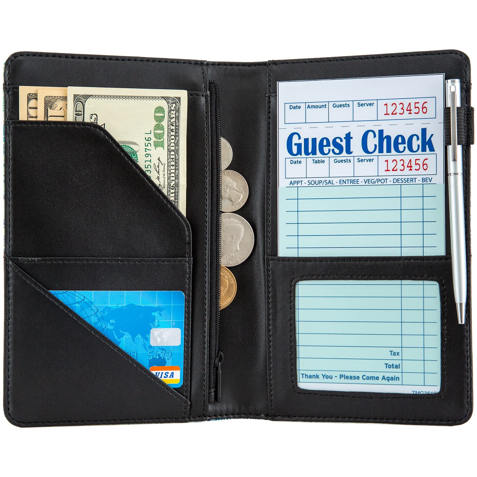 Premium Leather Server Book for Waitresses - Zippered Guest Check Organizer with Money Holder Pouch, Apron-Compatible (Black/White) - Ideal for Restaurants, Cafes & Hospitality Professionals
