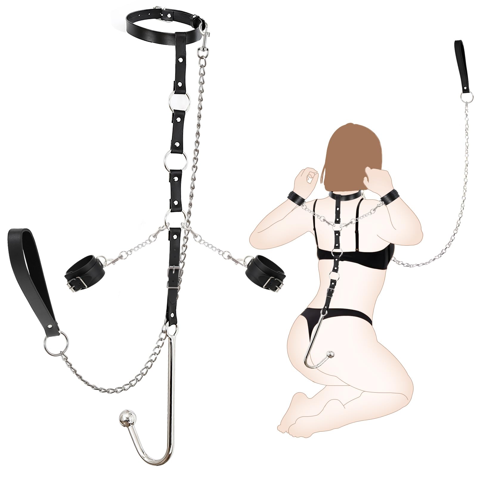 BDSM Bondage Kit - Adjustable Anal Hook, Wrist Restraints, Collar & Traction Chain for Couples | Role Play Sex Toys for Beginners | Perfect for Bedroom Games & BDSM Scenes
