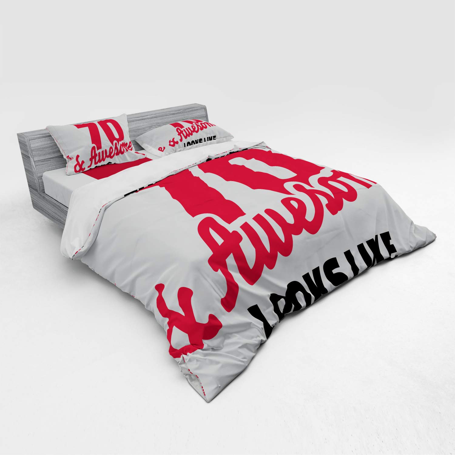 Ambesonne 70th Birthday Duvet Cover Set - 4 Piece King Size Bedding with Shams & Fitted Sheet - Dark Coral & White Design - Perfect for Anniversary Celebrations & Guest Room Decor