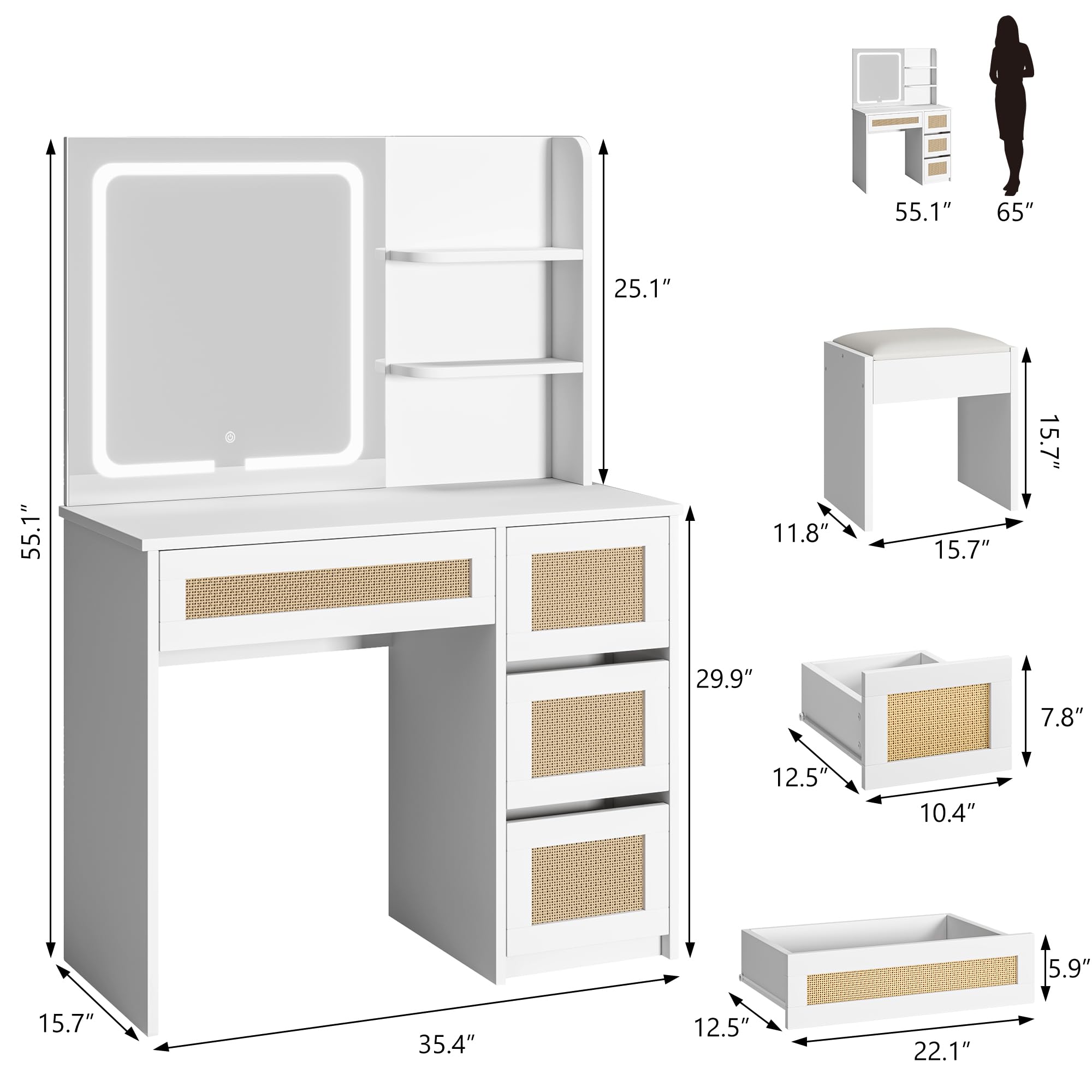 GAOMON White Rattan Makeup Vanity Desk with Mirror & LED Lights - 4 Drawers & 3-Tier Open Shelves for Storage - Boho Style Vanity Table for Bedroom, Dressing Room & Beauty Salon - Perfect for Makeup Organization & Home Decor