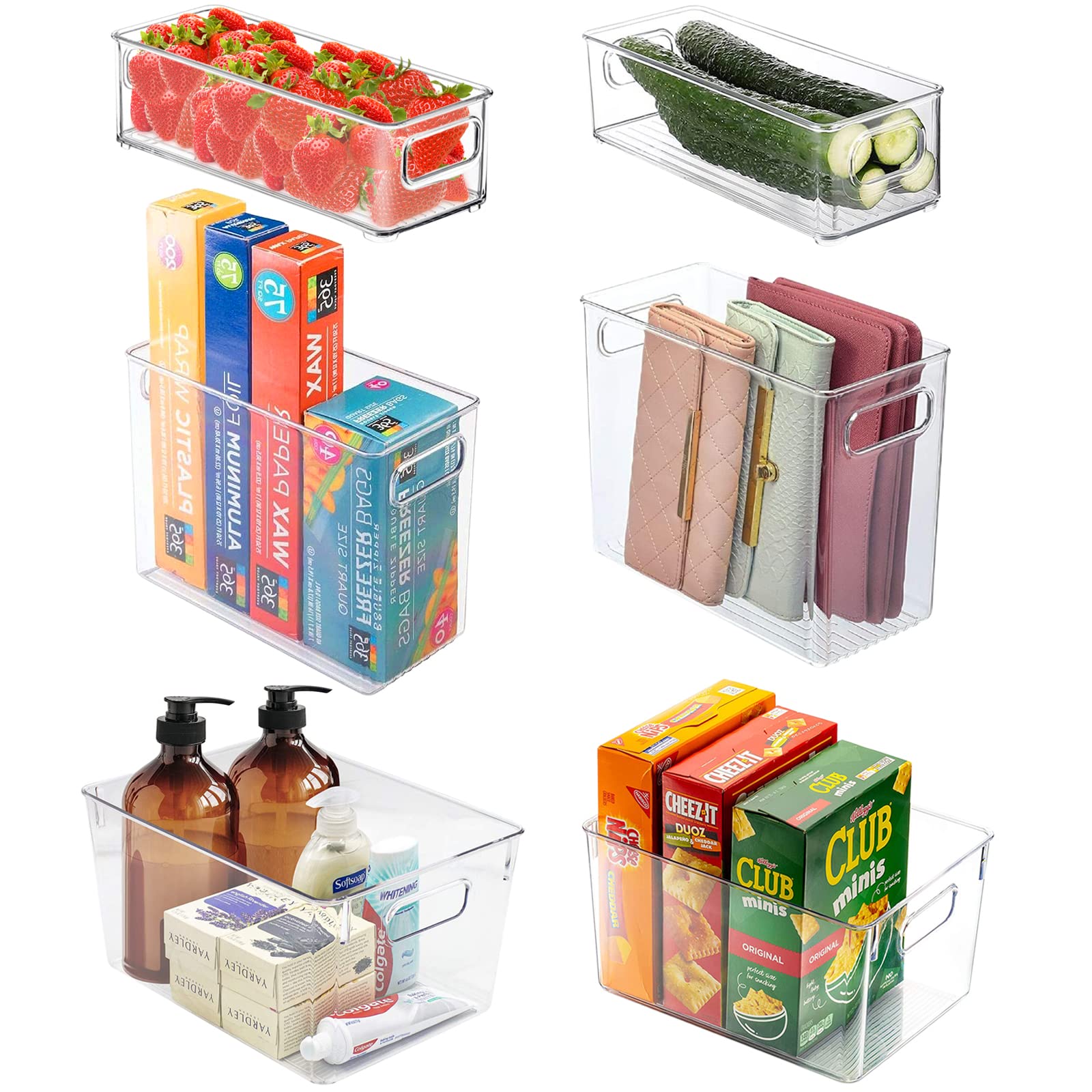 AGRUYO 6-Pack Clear Plastic Storage Bins with Handles - Pantry Organizers for Kitchen, Cabinet, Countertop & Bathroom Storage | Perfect for Food, Toiletries & Home Organization