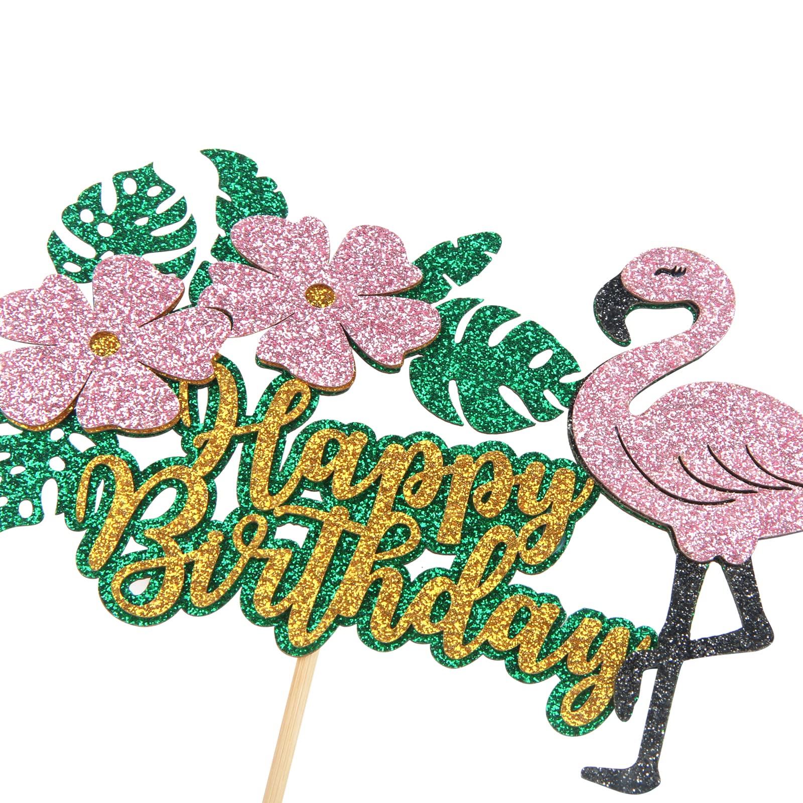 Gold Glitter Flamingo Cake Topper - Happy Birthday Party Decorations for Girls, Tropical Hawaii Theme with Leaf Design - Perfect for Kids Birthday Cakes, Baby Showers & Themed Celebrations