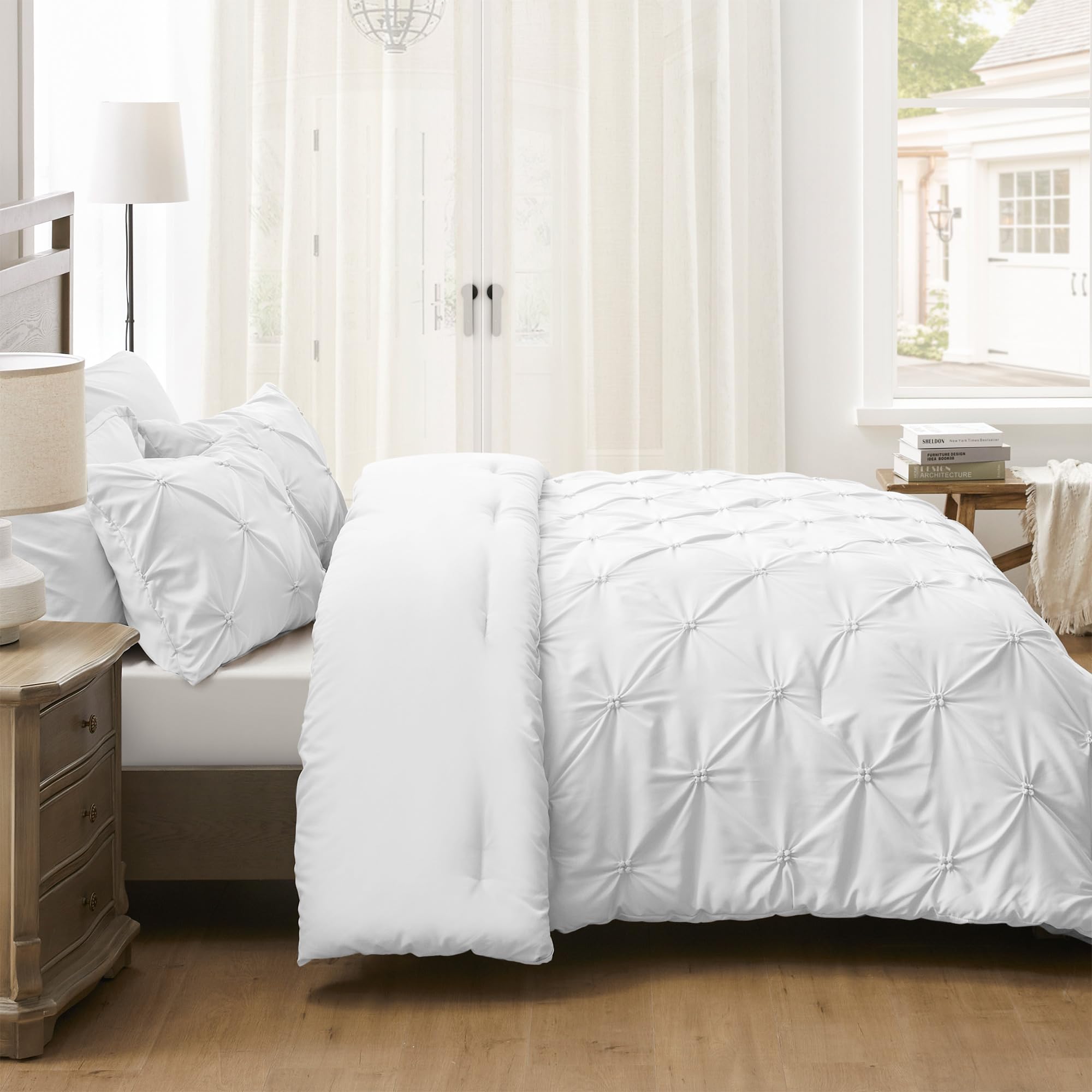 UNIKOME Queen Comforter Set - Soft Pintuck Down Alternative Bedding Set for All Seasons, 3 Piece Pinch Pleat Solid White Bedding with Comforter & 2 Pillow Shams | Luxury Bedroom Decor for Master Bedroom, Guest Room & Dorm