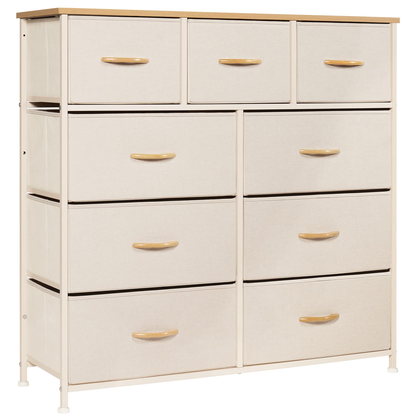 LYNCOHOME 9-Drawer Fabric Dresser with Wood Top - Large Storage Chest of Drawers for Bedroom, Living Room, Kids Room & Closet - Easy Assembly Home Organization Solution (Beige) | Perfect for Small Spaces, Dorm Rooms & Apartment Storage Needs