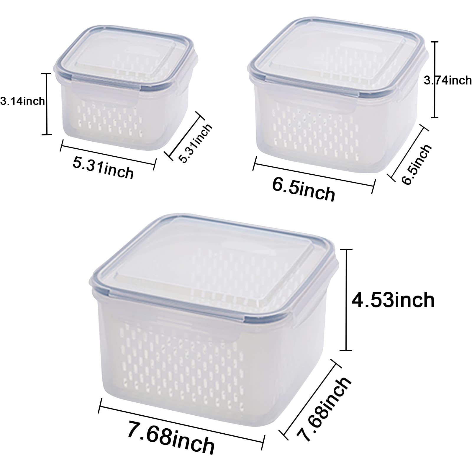 3-Pack BPA-Free Plastic Food Storage Containers with Lids & Strainer – Airtight Fridge Organizer for Fruits, Vegetables, Berries & Meat | Keep Produce Fresh Longer | Perfect for Meal Prep, Kitchen Organization & Refrigerator Storage