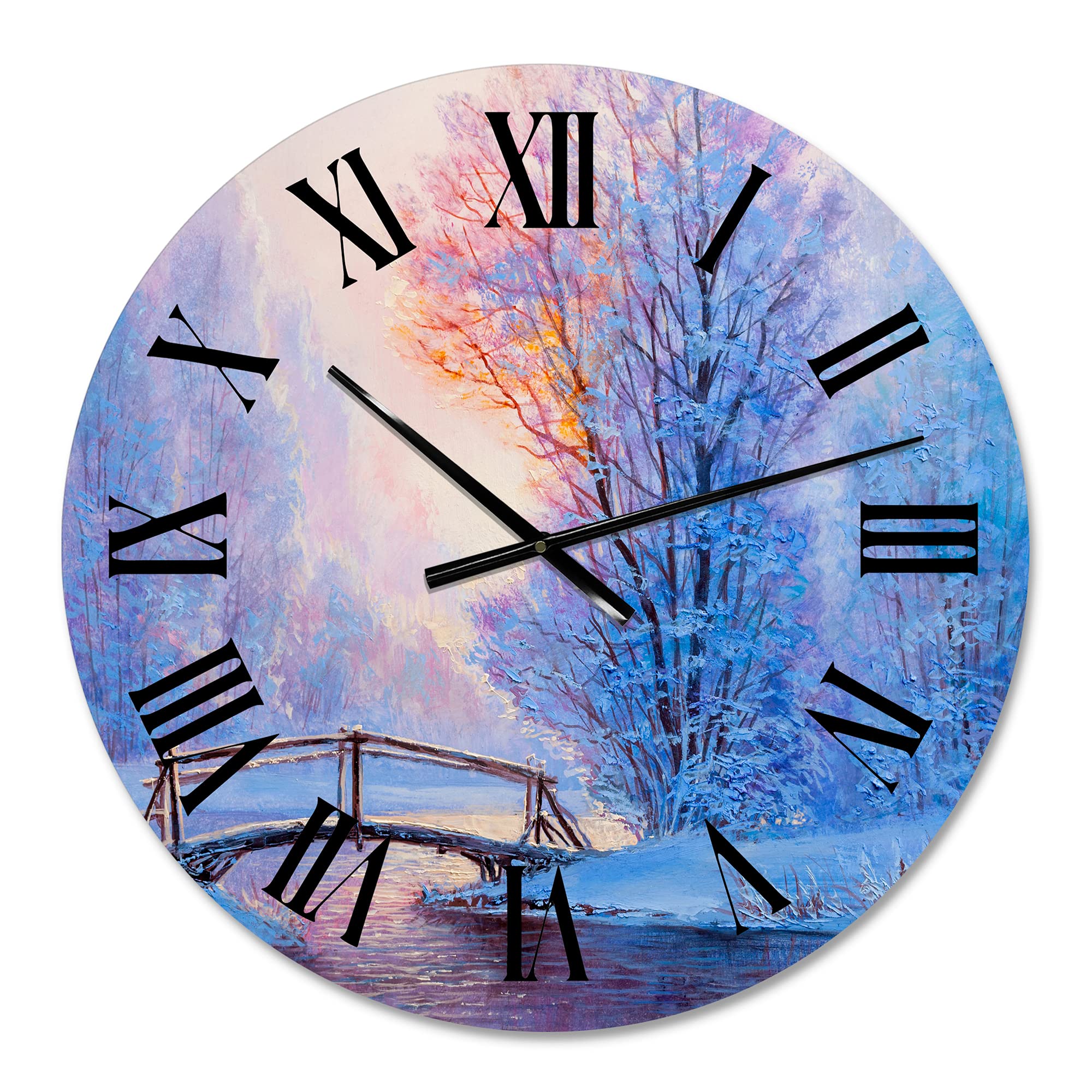 DesignQ Lake House Wall Clock - Winter Landscape with River & Bridge - Large Nature-Themed Clock for Kitchen, Living Room, Bedroom Decor - Perfect for Farmhouse, Rustic & Coastal Home Décor