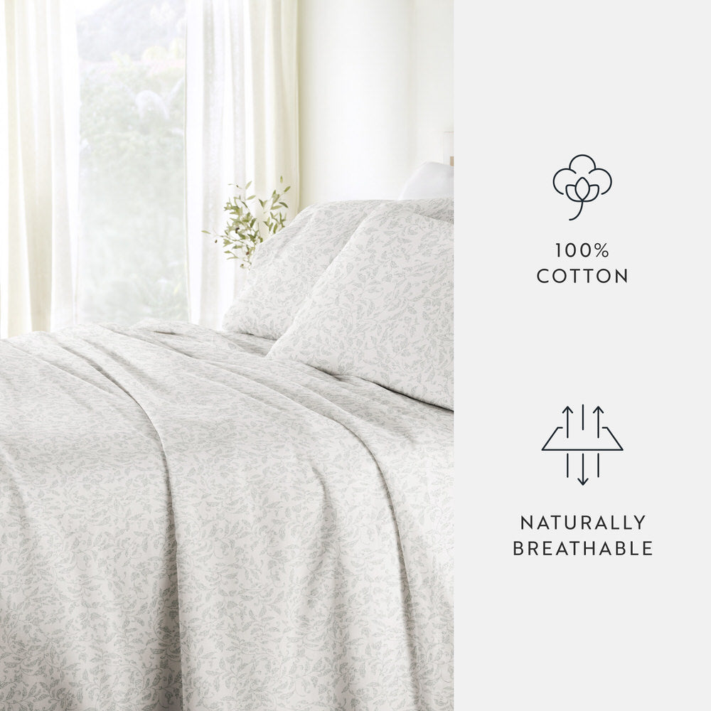 Romantic Vines 4-Piece Long Staple Cotton Sheet Set - Queen Size, Soft & Breathable Bed Sheets for Comfortable Sleep - Perfect for Master Bedroom, Guest Room & Dorm
