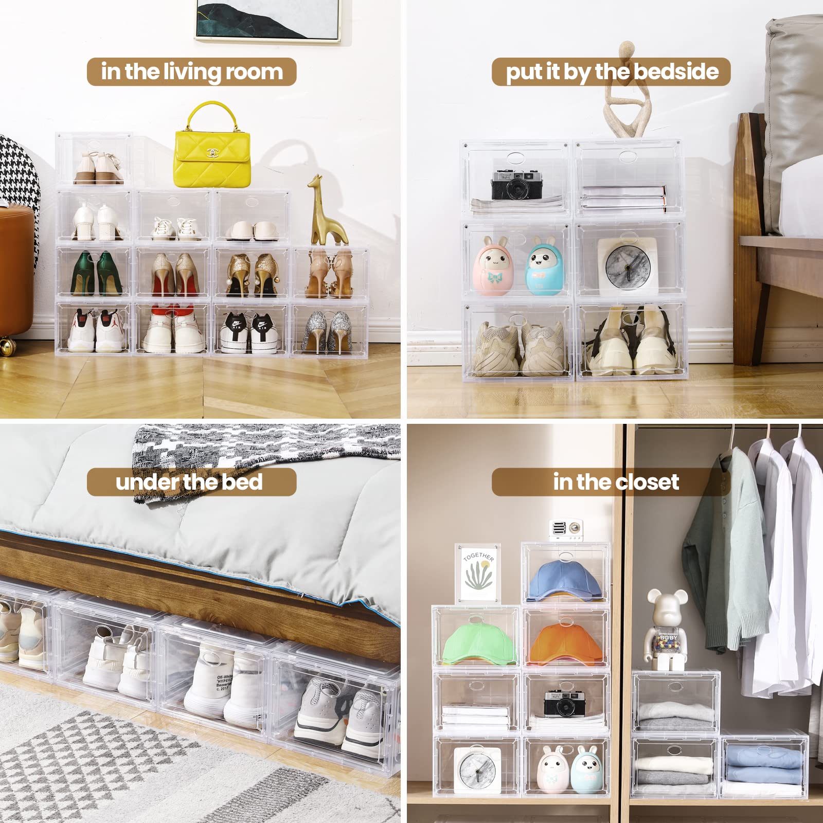 12 Pack Clear Stackable Shoe Storage Boxes with Clear Door - Organizer for Closet, Sneakers & Shoes up to US Size 12 (13.8”x9.84”x7.1”) - Easy to Assemble, Durable Plastic Shoe Box Containers - Perfect for Bedroom, Walk-in Closet & Shoe Collection Organization